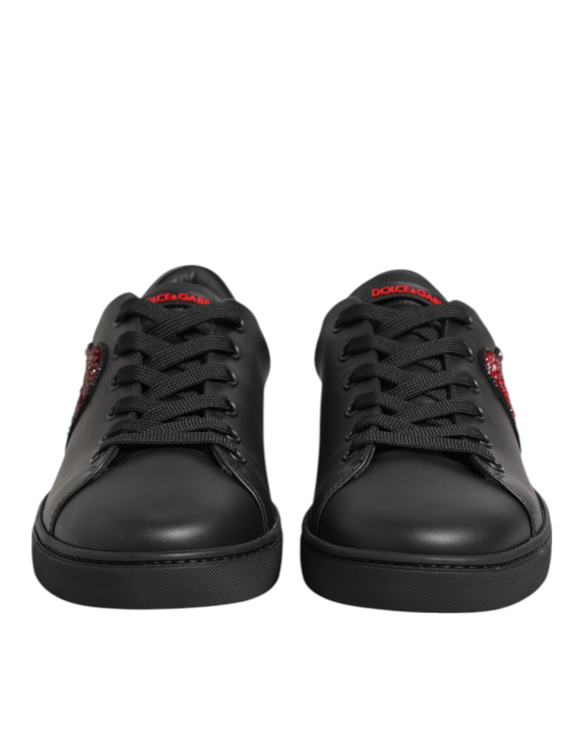 Dolce & Gabbana Black Leather Crystal Heart Low Top Sneakers Shoes - Image 3