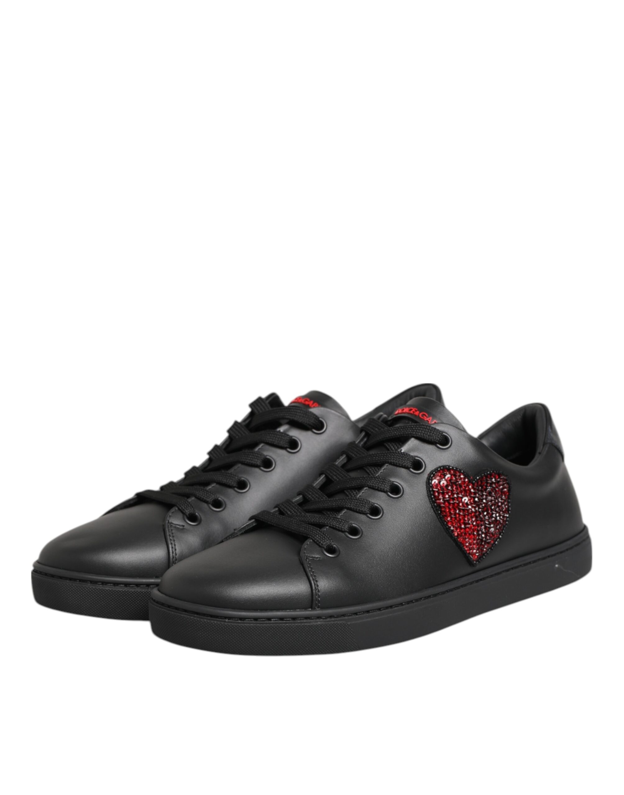 Dolce & Gabbana Black Leather Crystal Heart Low Top Sneakers Shoes - Image 5