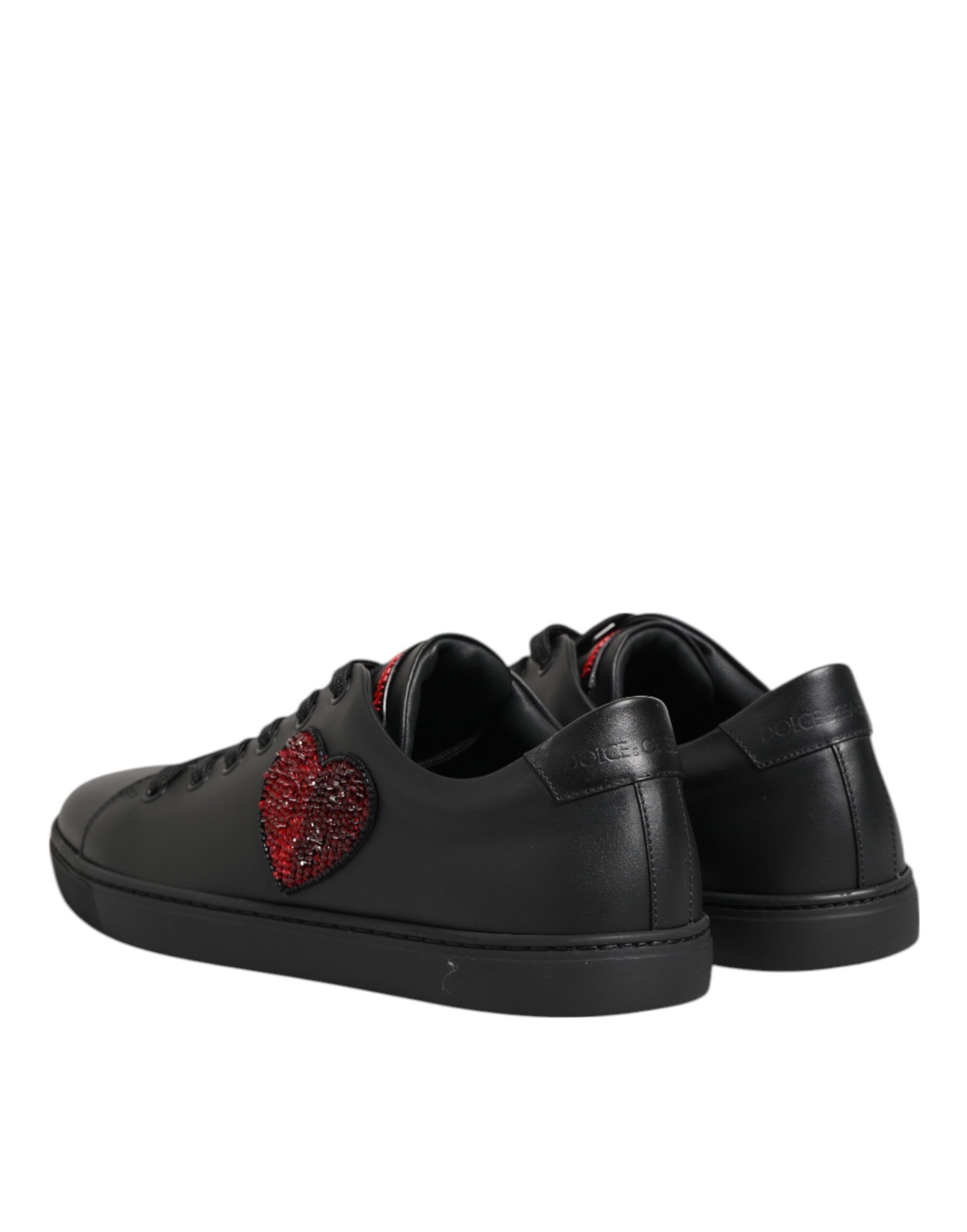 Dolce & Gabbana Black Leather Crystal Heart Low Top Sneakers Shoes - Image 6