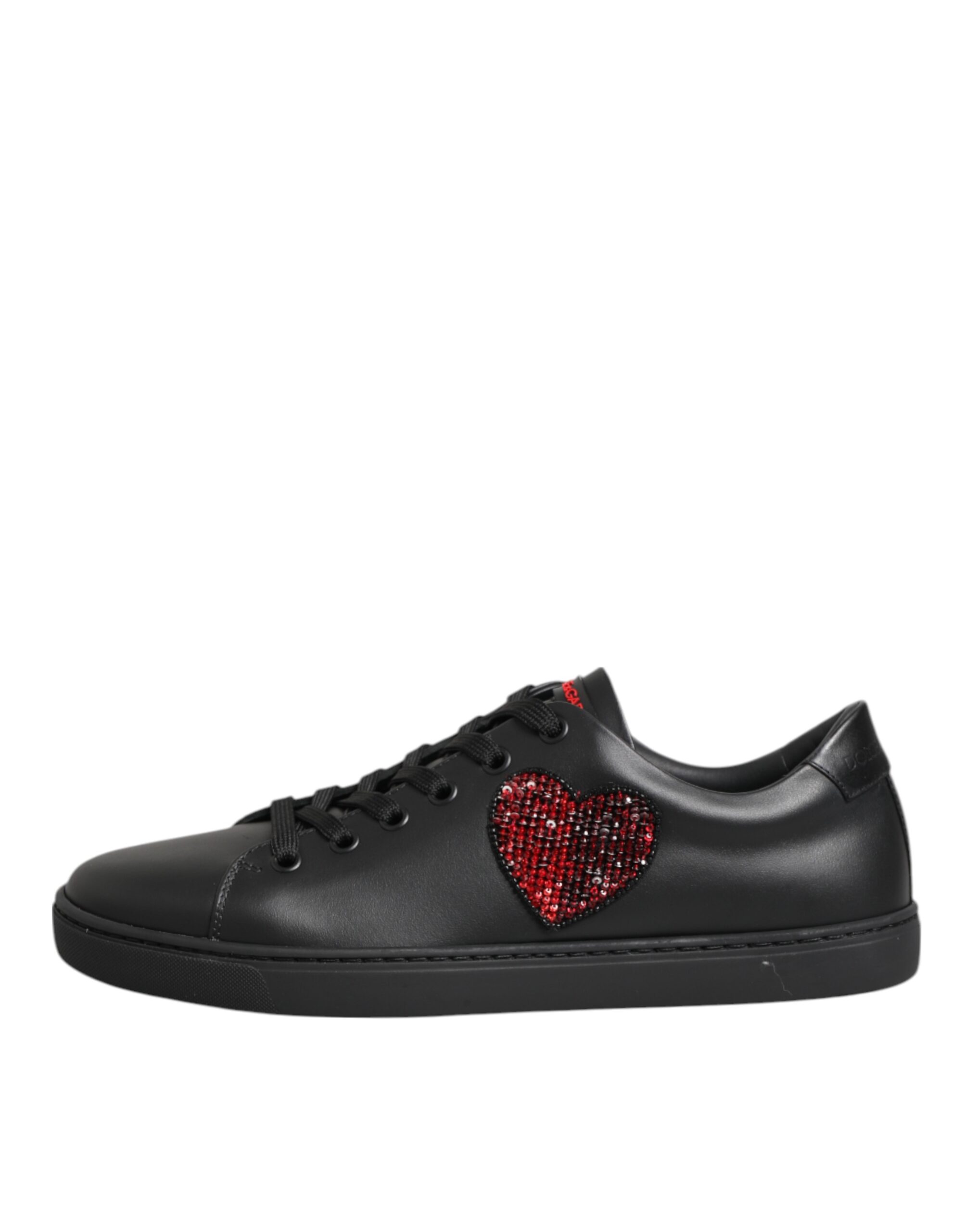 Dolce & Gabbana Black Leather Crystal Heart Low Top Sneakers Shoes - Image 2
