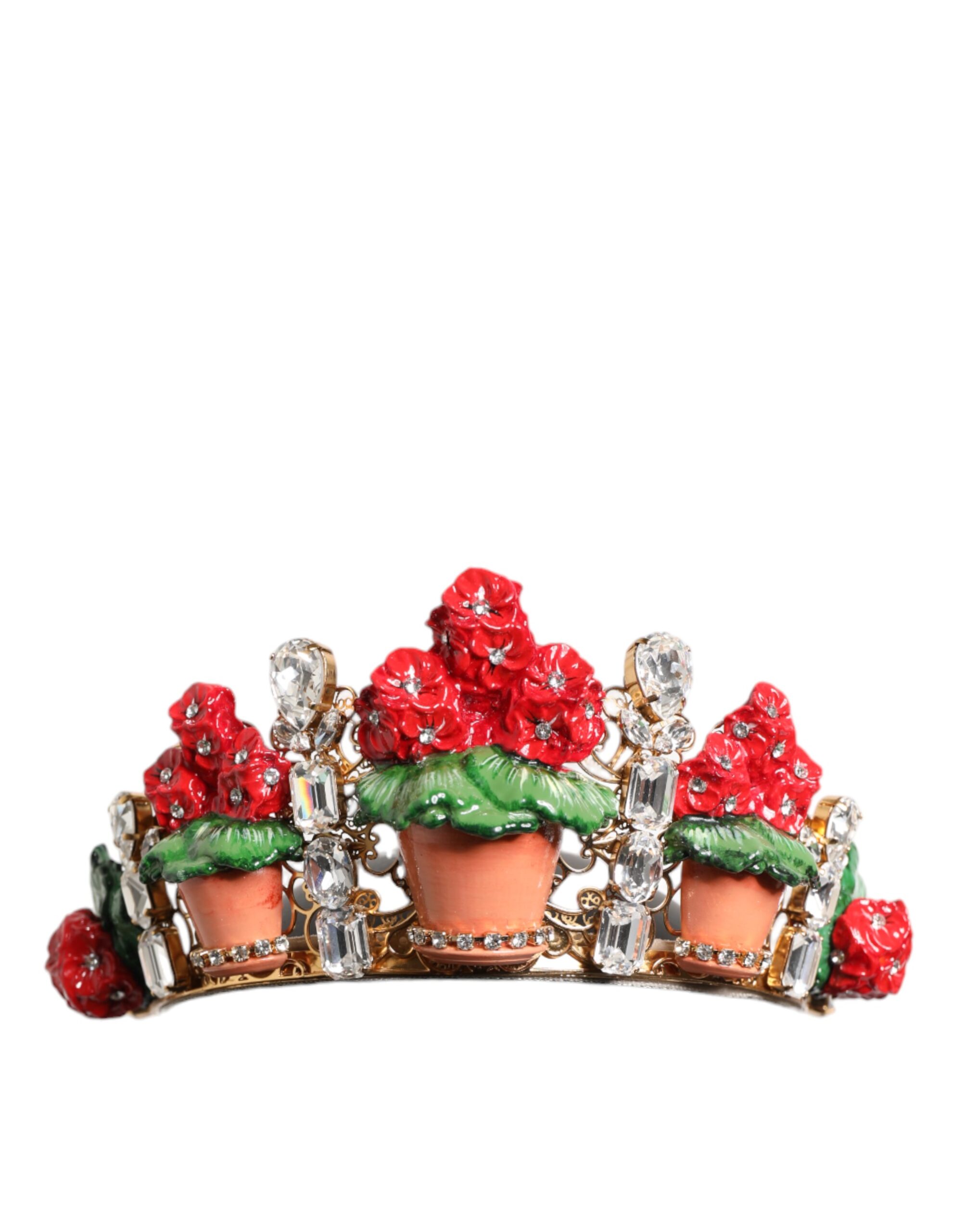 Dolce & Gabbana Red Floral Flowerpot Crystal Gold Crown Tiara Headband - Image 2