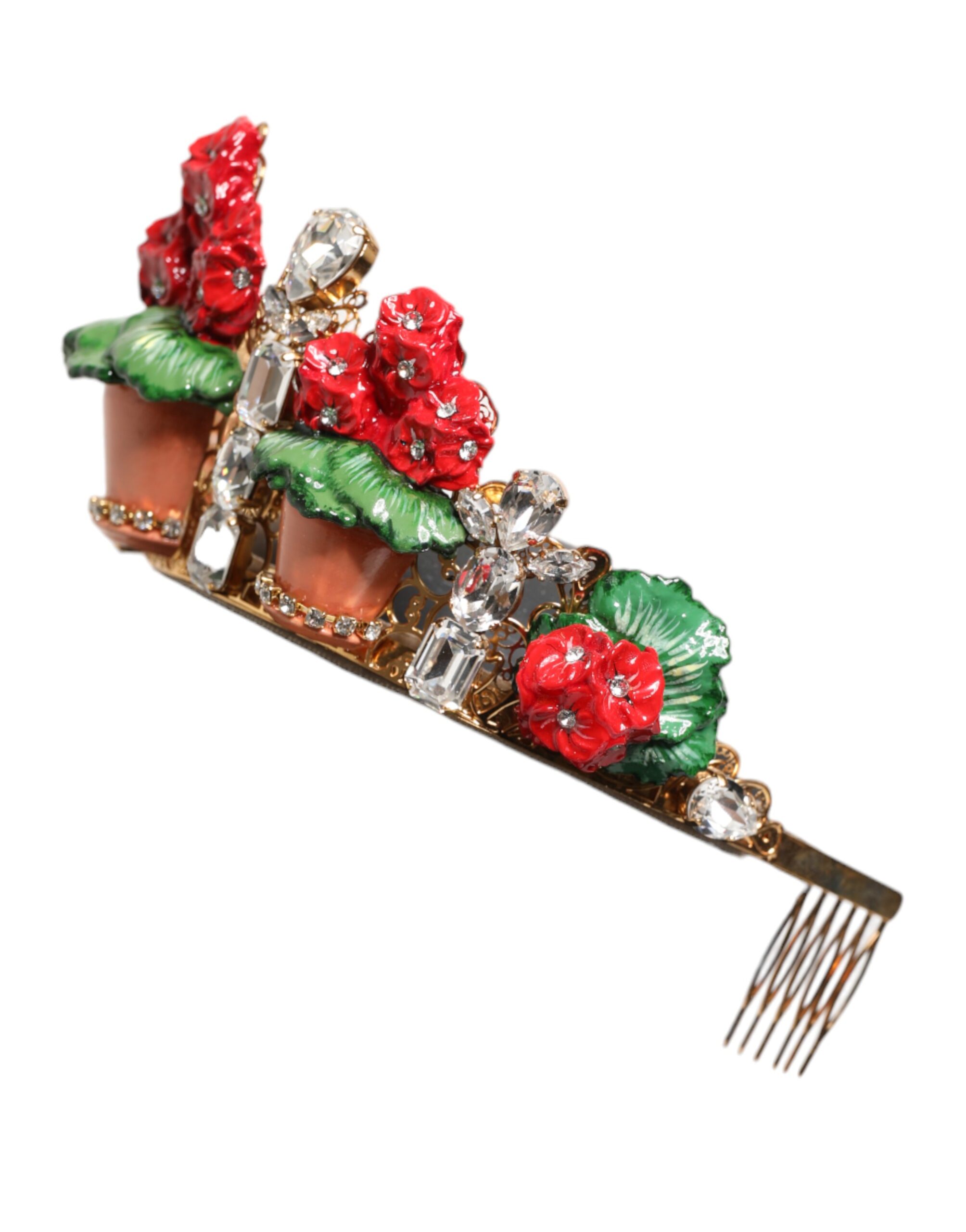 Dolce & Gabbana Red Floral Flowerpot Crystal Gold Crown Tiara Headband - Image 3