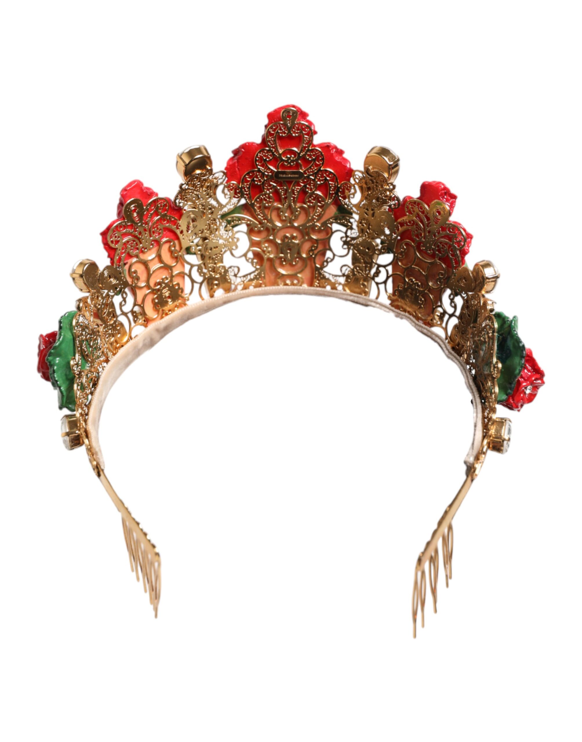 Dolce & Gabbana Red Floral Flowerpot Crystal Gold Crown Tiara Headband - Image 4