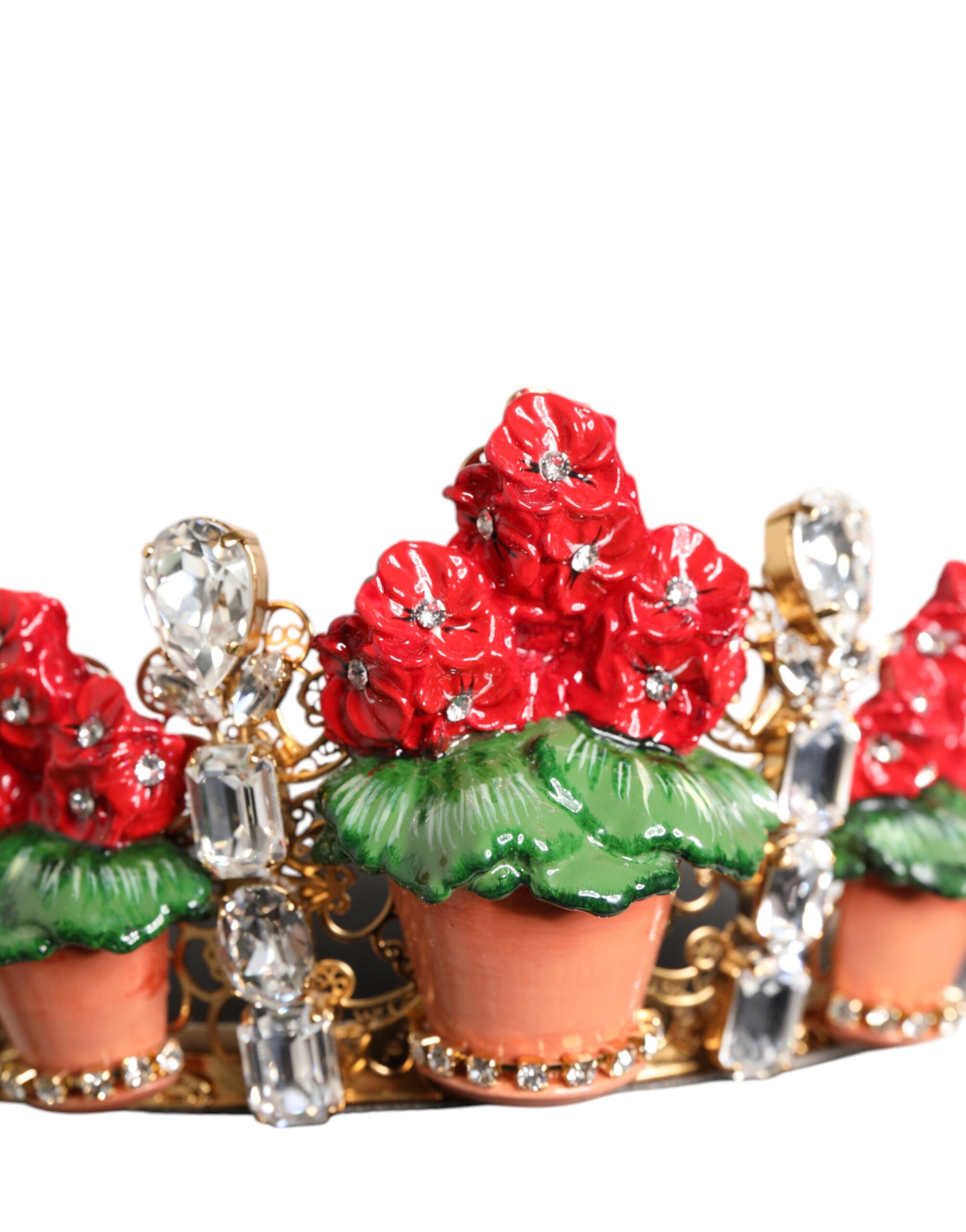 Dolce & Gabbana Red Floral Flowerpot Crystal Gold Crown Tiara Headband - Image 5
