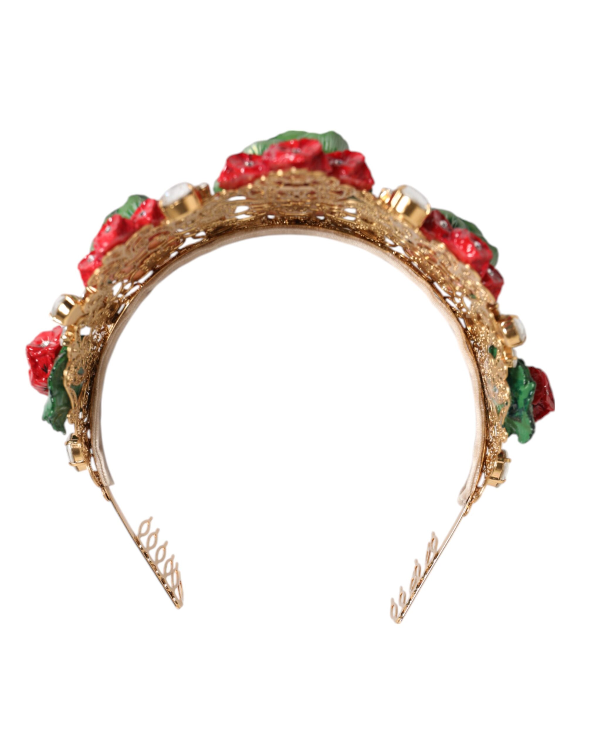 Dolce & Gabbana Red Floral Flowerpot Crystal Gold Crown Tiara Headband - Image 6