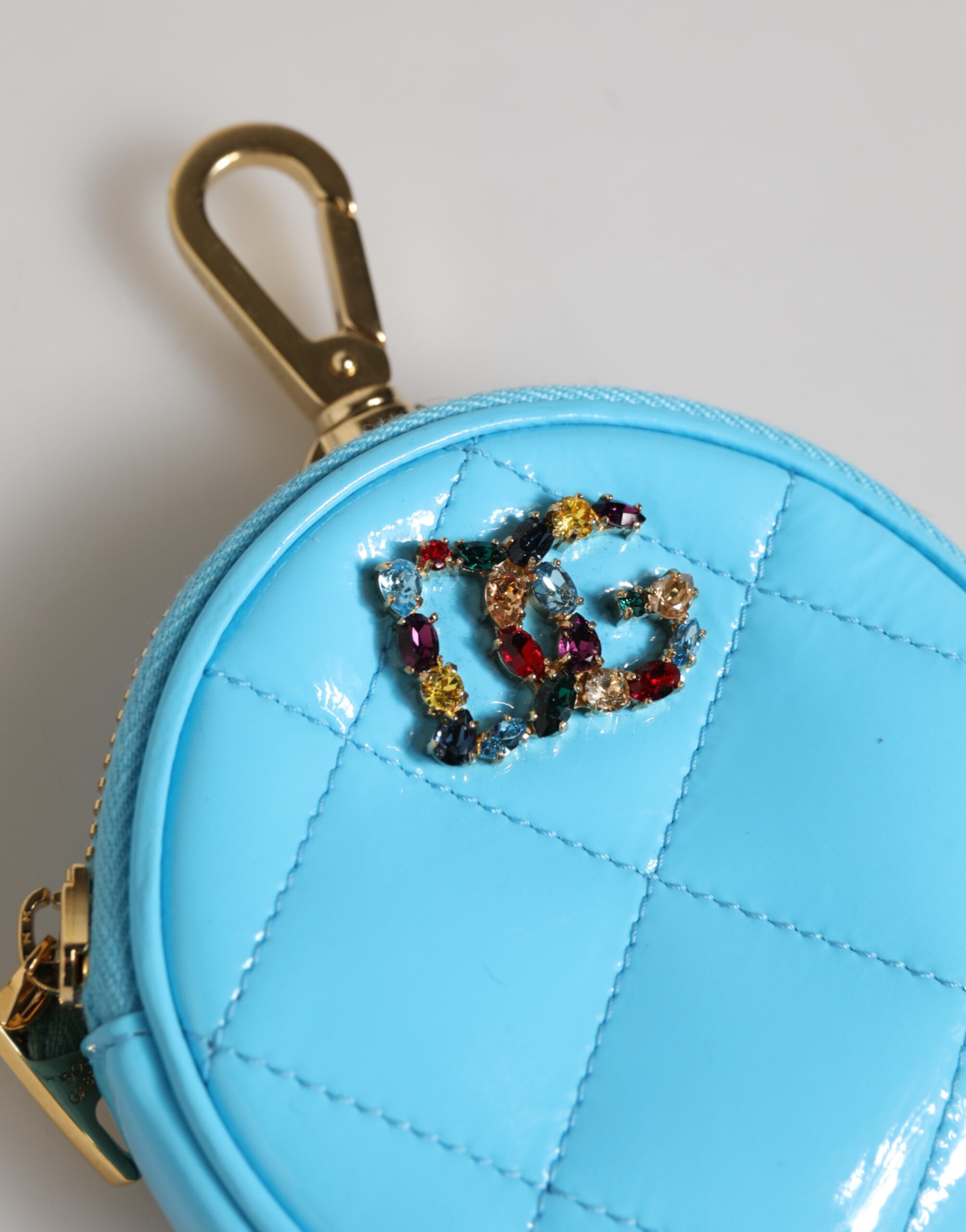 Dolce & Gabbana Azure Blue Leather Round Coin Purse Keychain Crystal Logo Wallet - Image 3