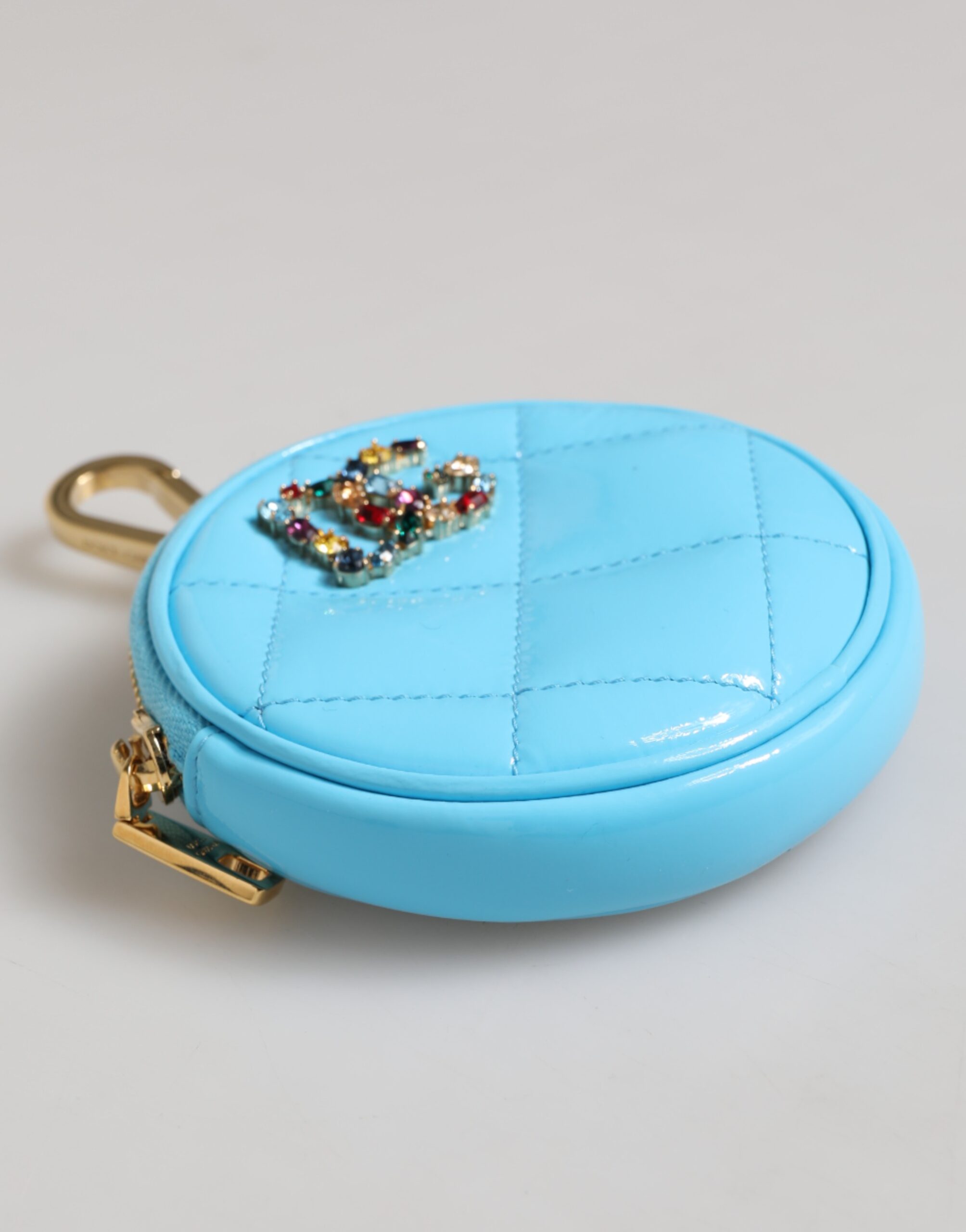Dolce & Gabbana Azure Blue Leather Round Coin Purse Keychain Crystal Logo Wallet - Image 4