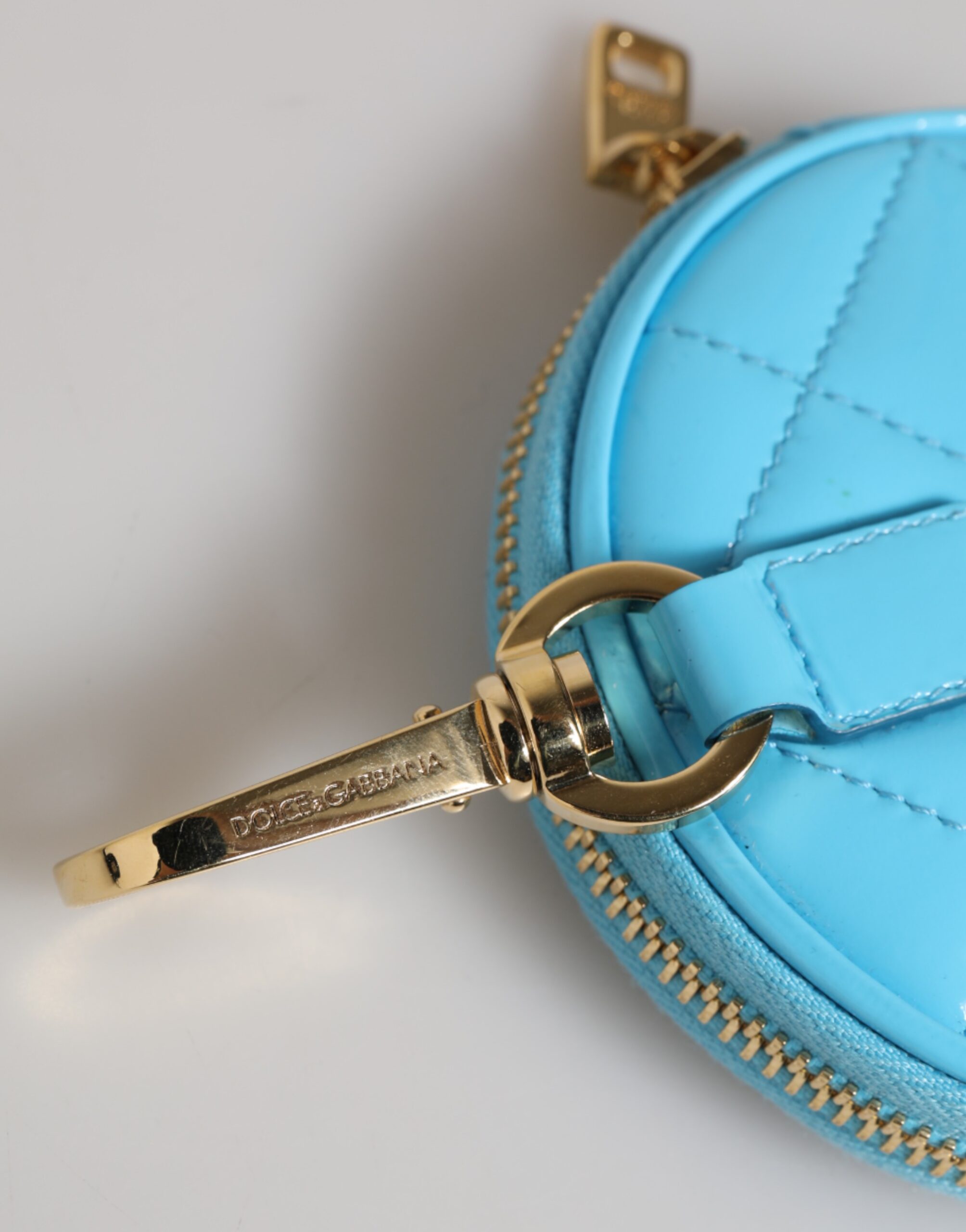 Dolce & Gabbana Azure Blue Leather Round Coin Purse Keychain Crystal Logo Wallet - Image 6