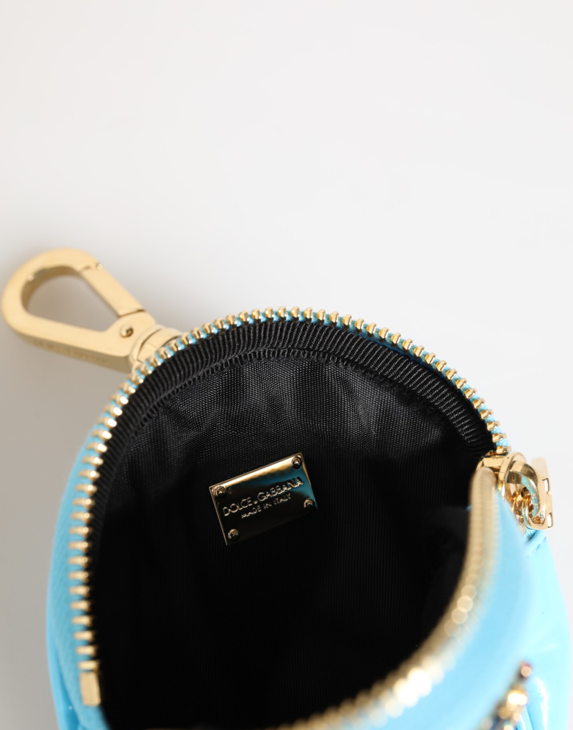 Dolce & Gabbana Azure Blue Leather Round Coin Purse Keychain Crystal Logo Wallet - Image 7
