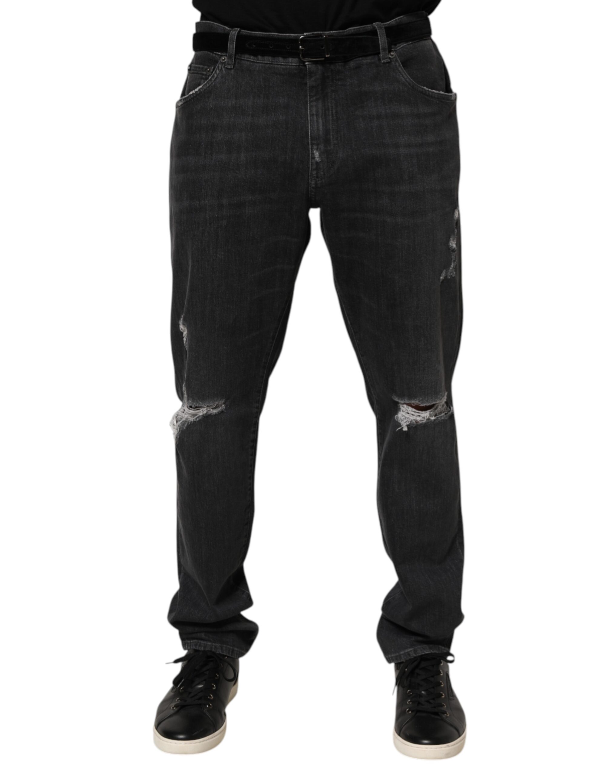 Dolce & Gabbana Black Cotton Slim Fit Distressed Ripped Logo Jeans - Image 2