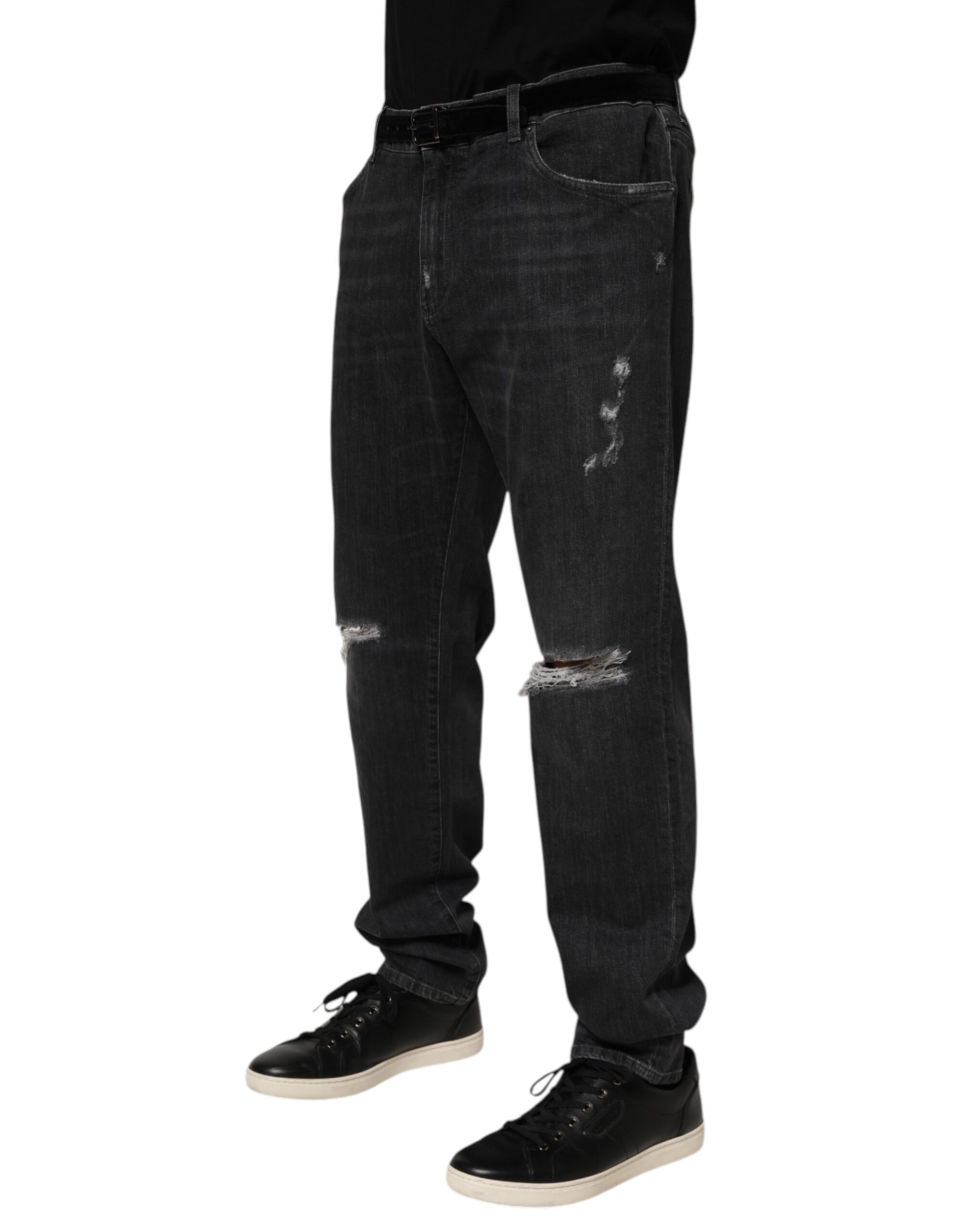 Dolce & Gabbana Black Cotton Slim Fit Distressed Ripped Logo Jeans - Image 3