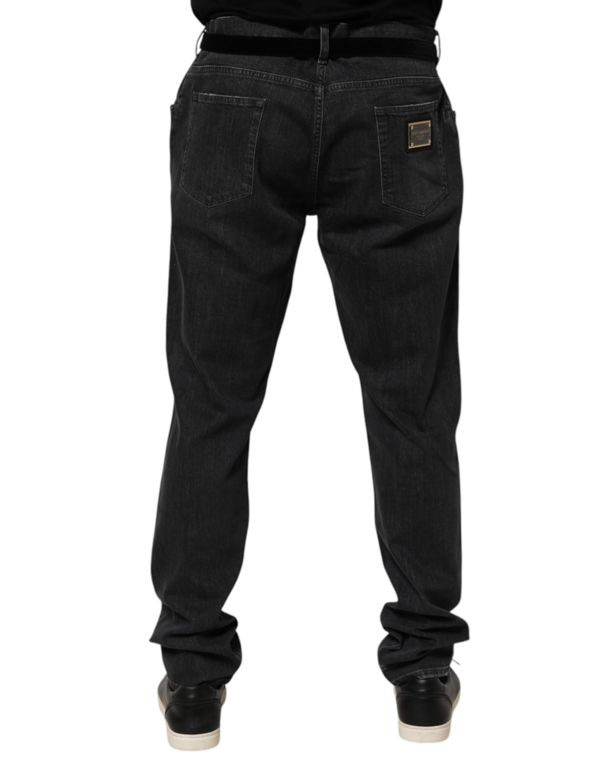 Dolce & Gabbana Black Cotton Slim Fit Distressed Ripped Logo Jeans - Image 4