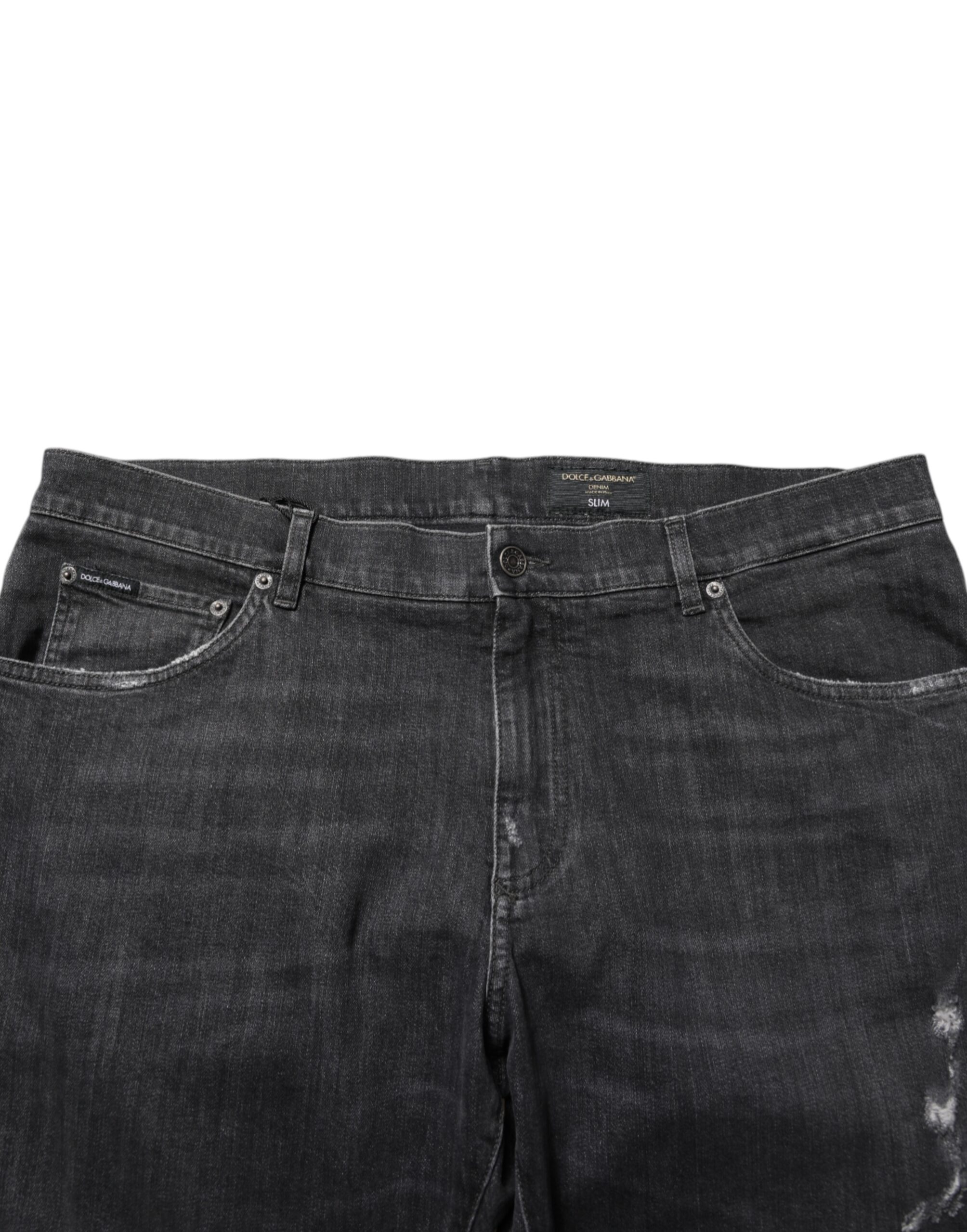 Dolce & Gabbana Black Cotton Slim Fit Distressed Ripped Logo Jeans - Image 5