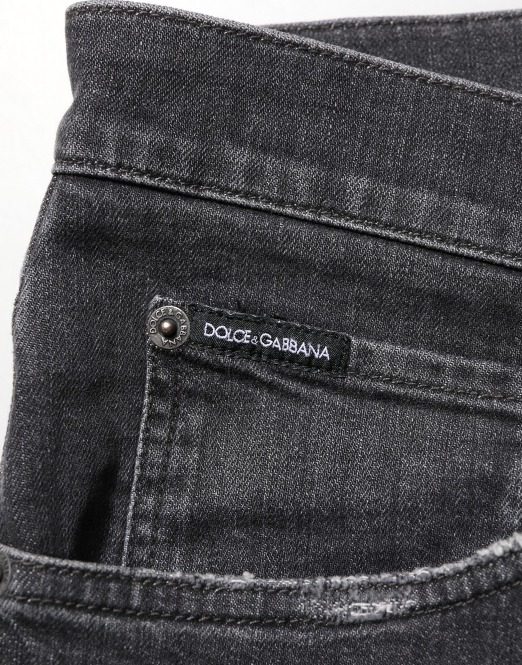 Dolce & Gabbana Black Cotton Slim Fit Distressed Ripped Logo Jeans - Image 7