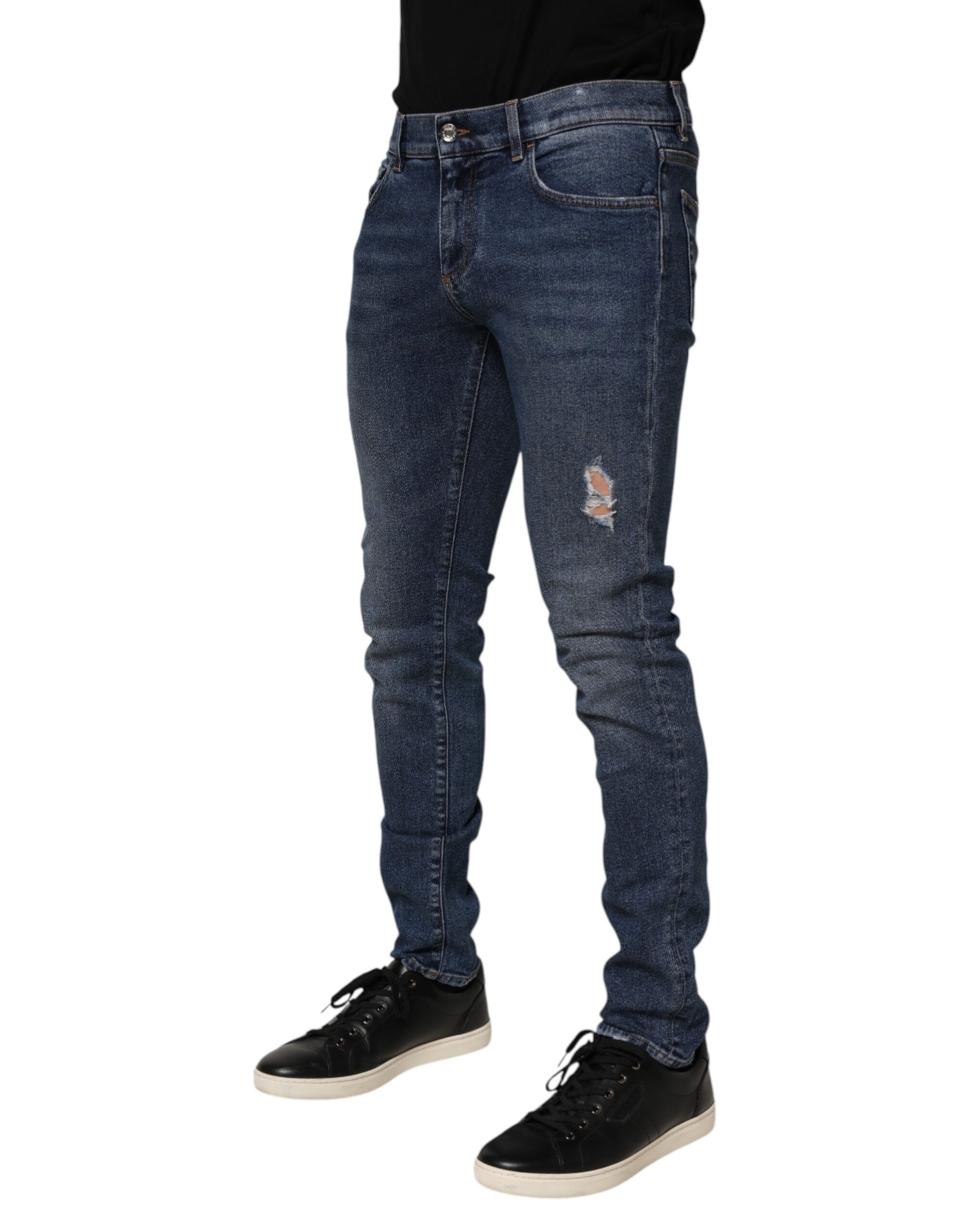Dolce & Gabbana Blue Cotton Logo Plaque Skinny Men Denim Jeans - Image 3