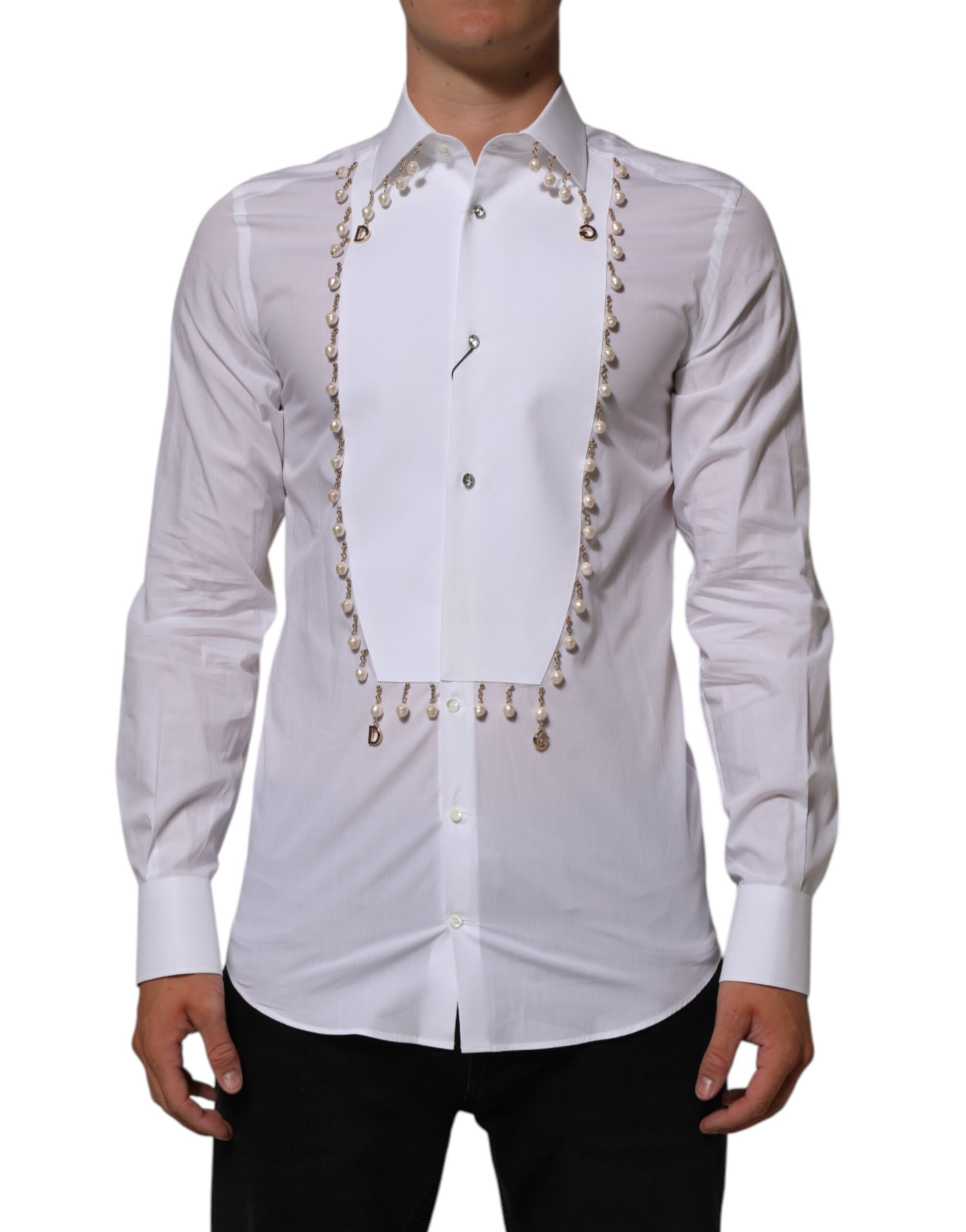 Dolce & Gabbana White Cotton DG Logo Pearl GOLD Formal Shirt - Image 2