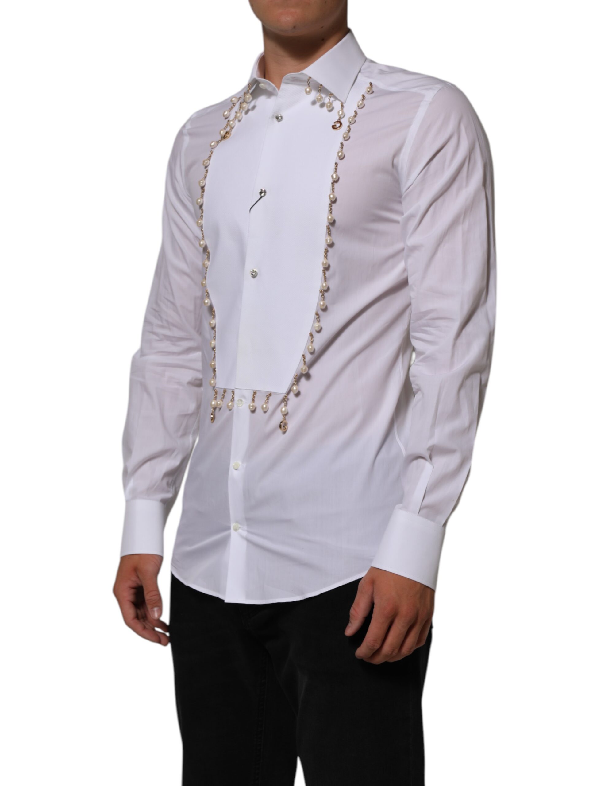 Dolce & Gabbana White Cotton DG Logo Pearl GOLD Formal Shirt - Image 3