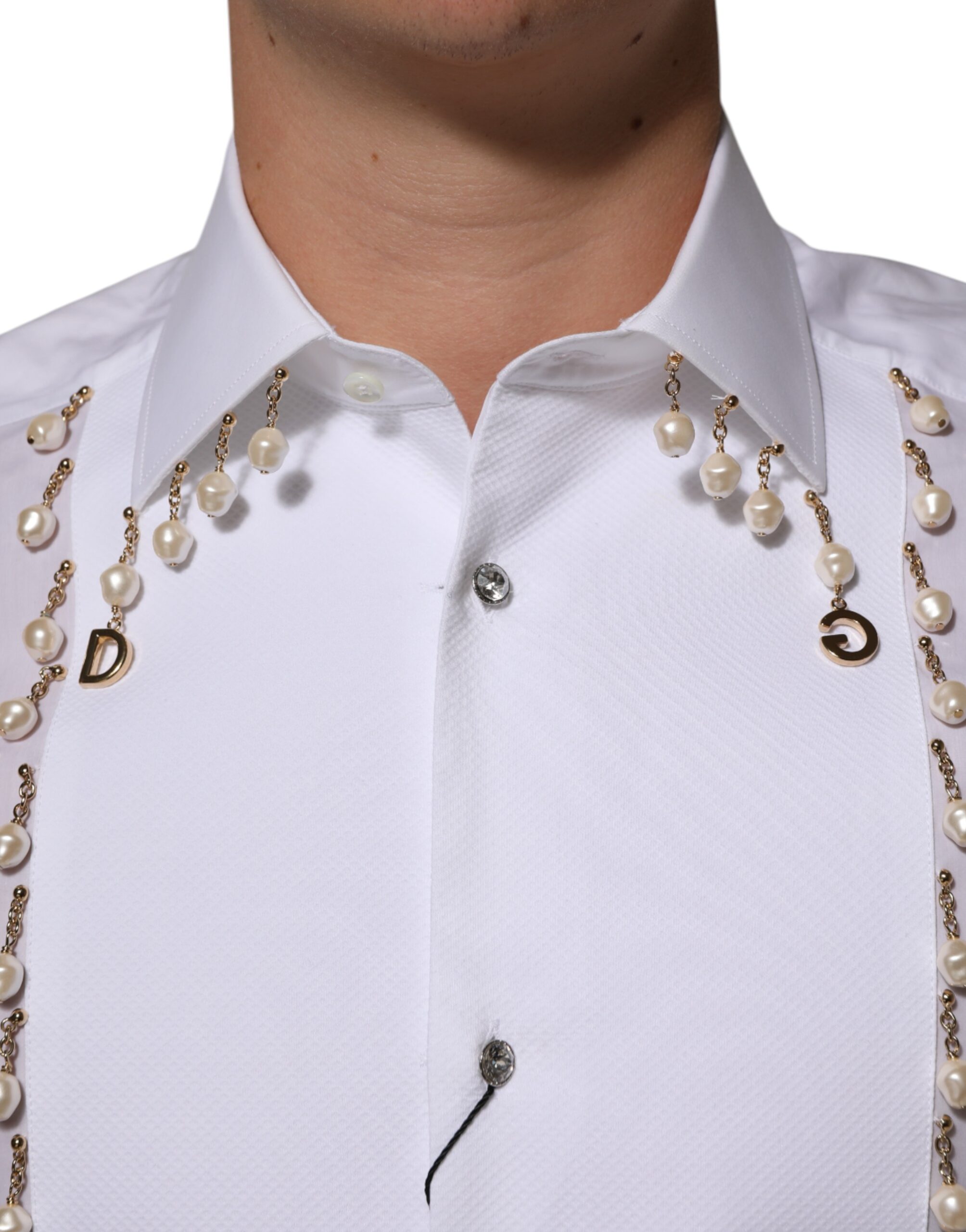 Dolce & Gabbana White Cotton DG Logo Pearl GOLD Formal Shirt - Image 5