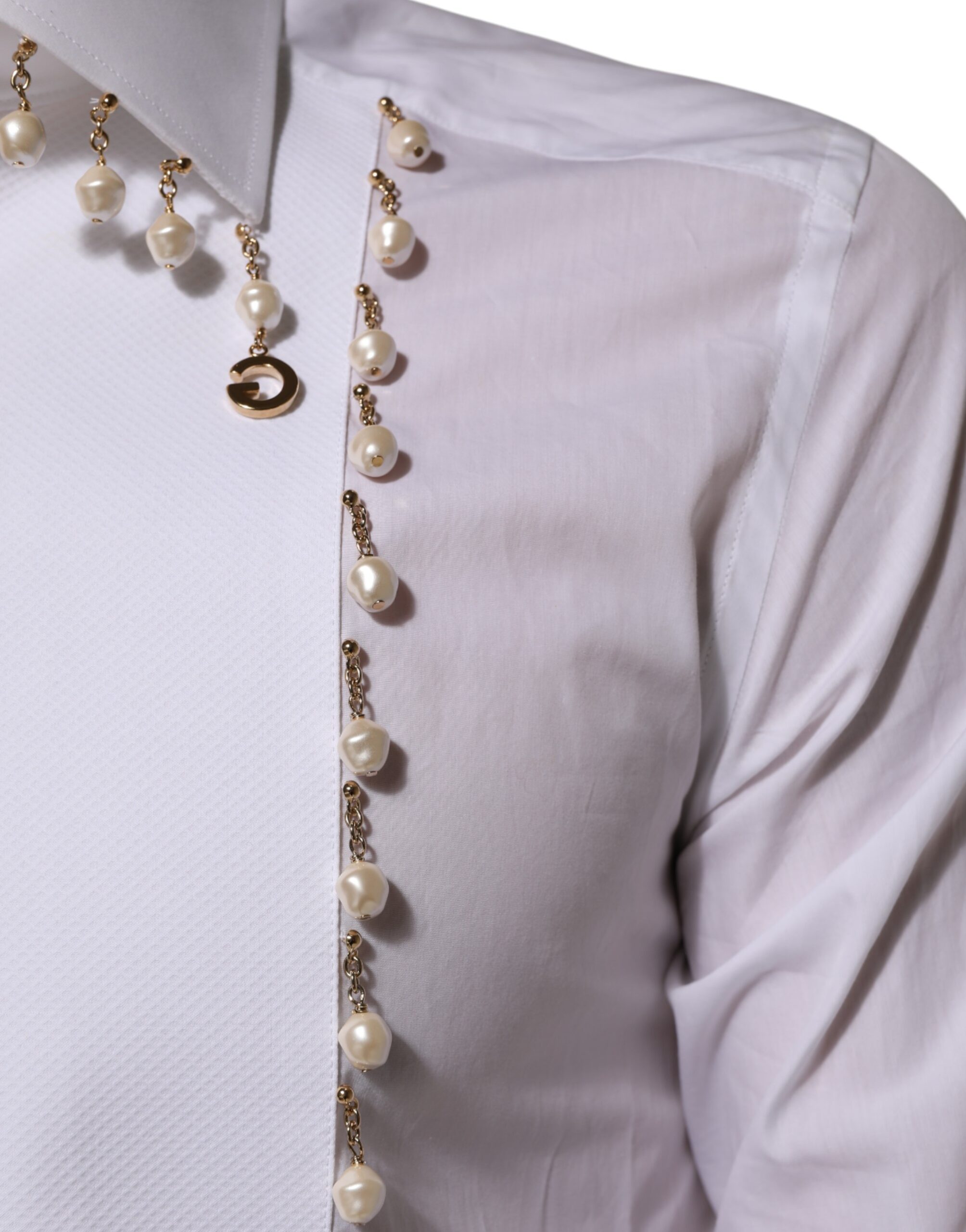 Dolce & Gabbana White Cotton DG Logo Pearl GOLD Formal Shirt - Image 6