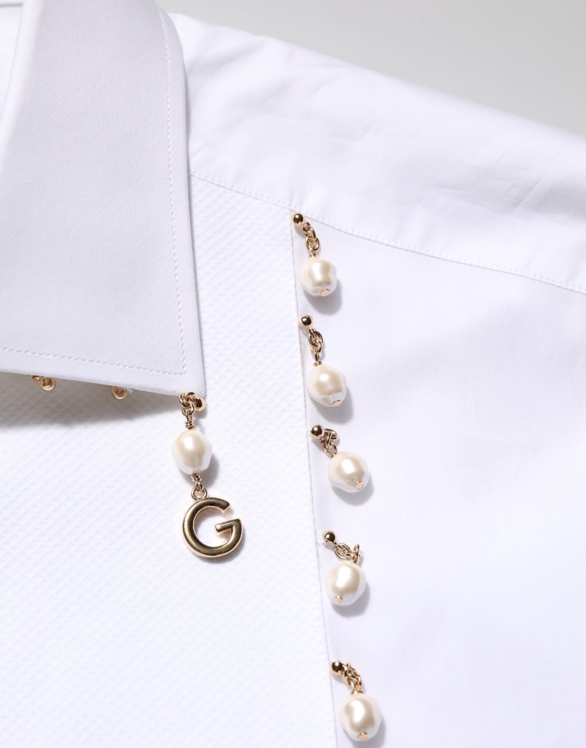 Dolce & Gabbana White Cotton DG Logo Pearl GOLD Formal Shirt - Image 8