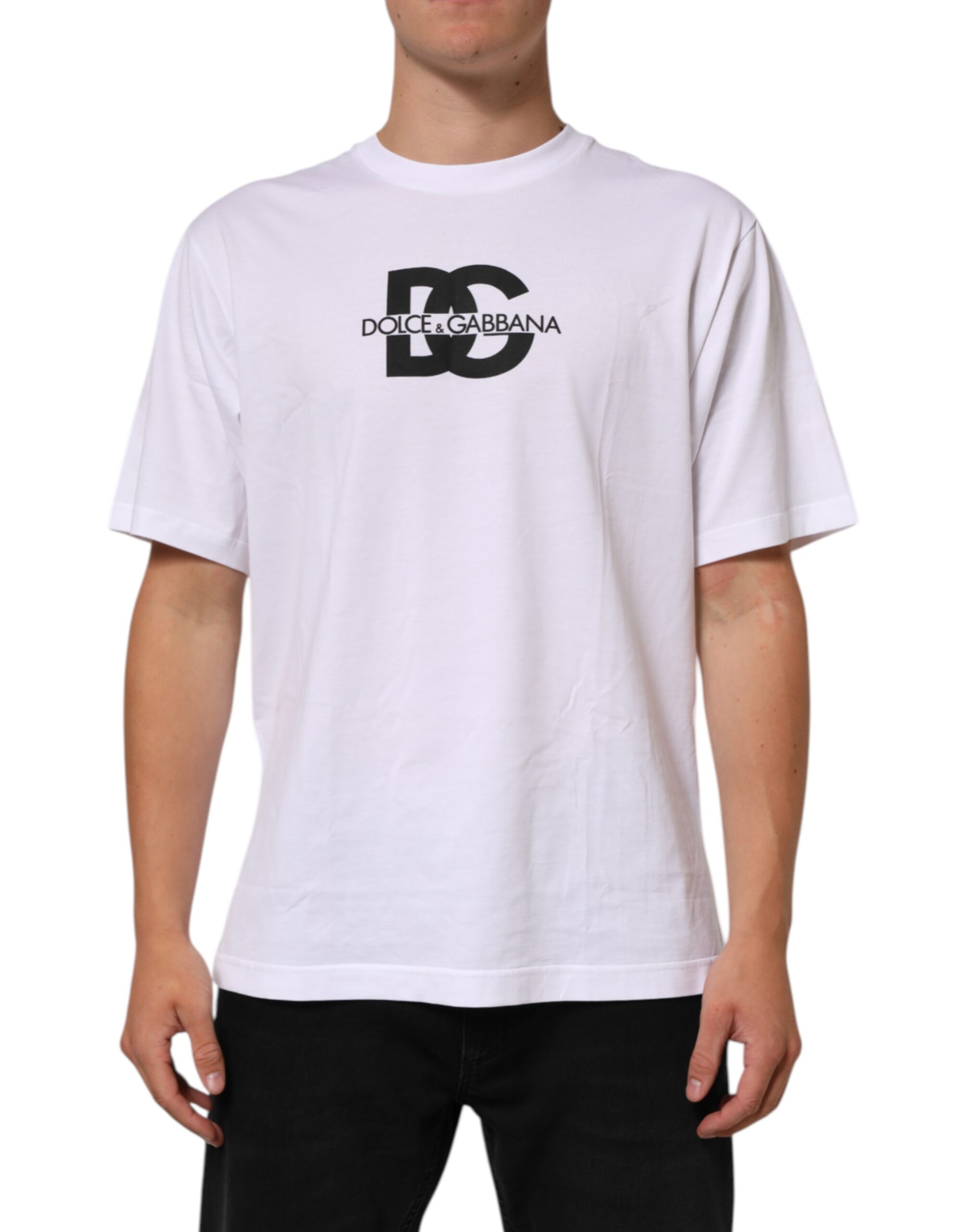 Dolce & Gabbana White Logo Print Cotton Crew Neck Men T-shirt - Image 2