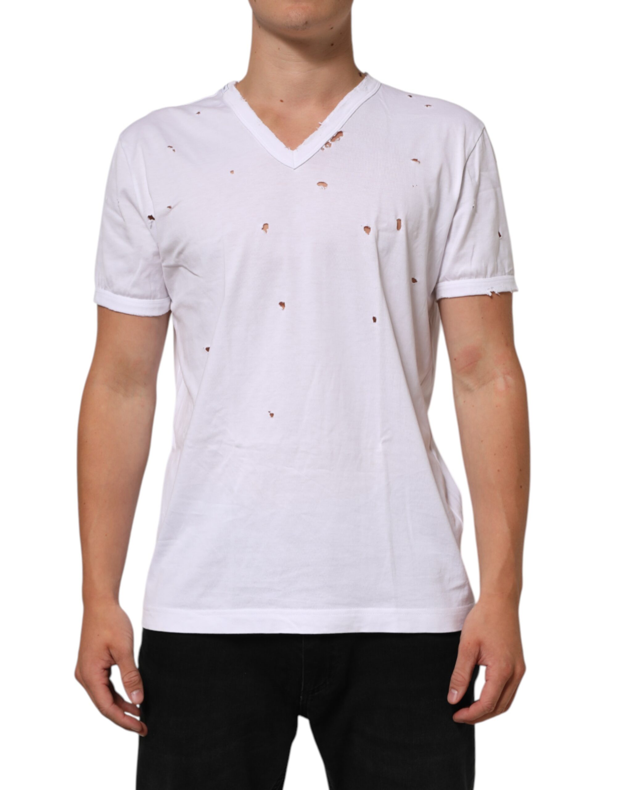 Dolce & Gabbana White Distressed Cotton V Neck Men T-shirt - Image 2