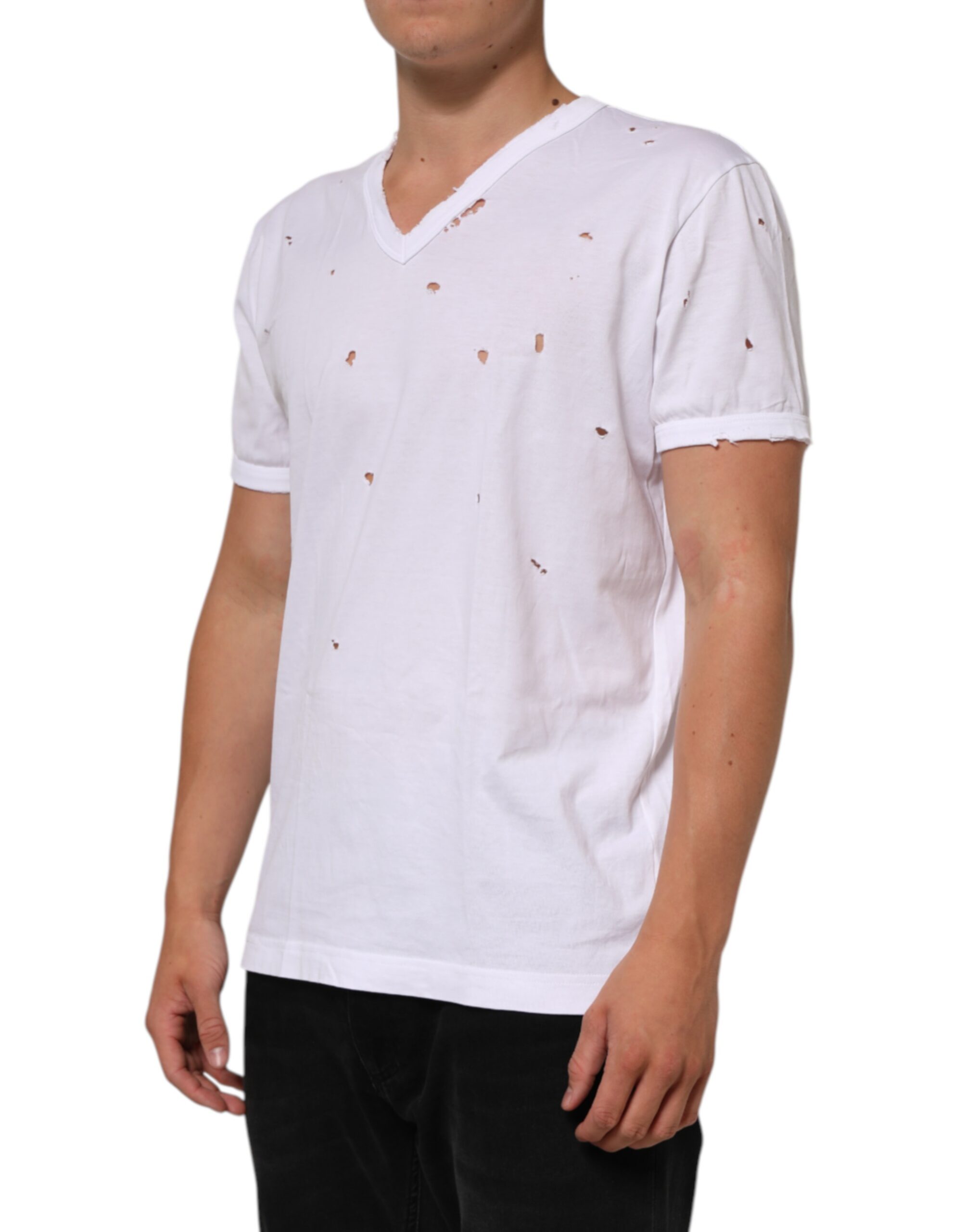 Dolce & Gabbana White Distressed Cotton V Neck Men T-shirt - Image 3