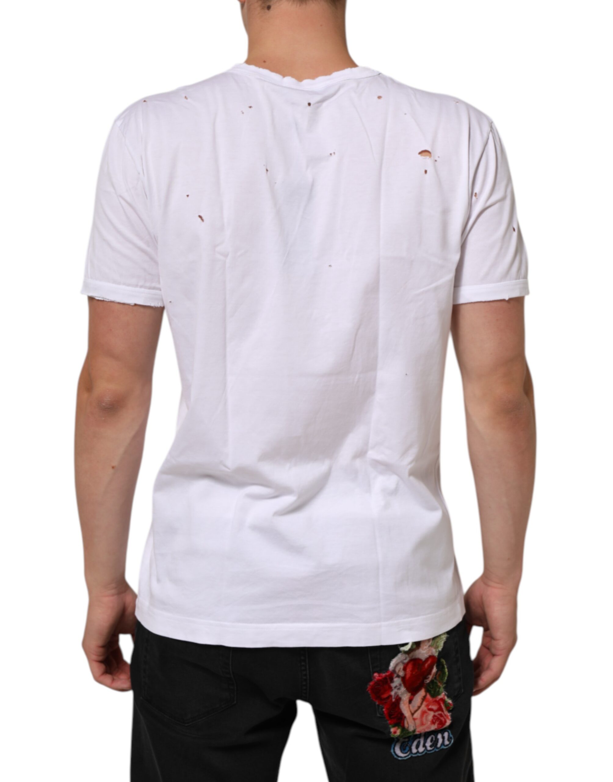 Dolce & Gabbana White Distressed Cotton V Neck Men T-shirt - Image 4