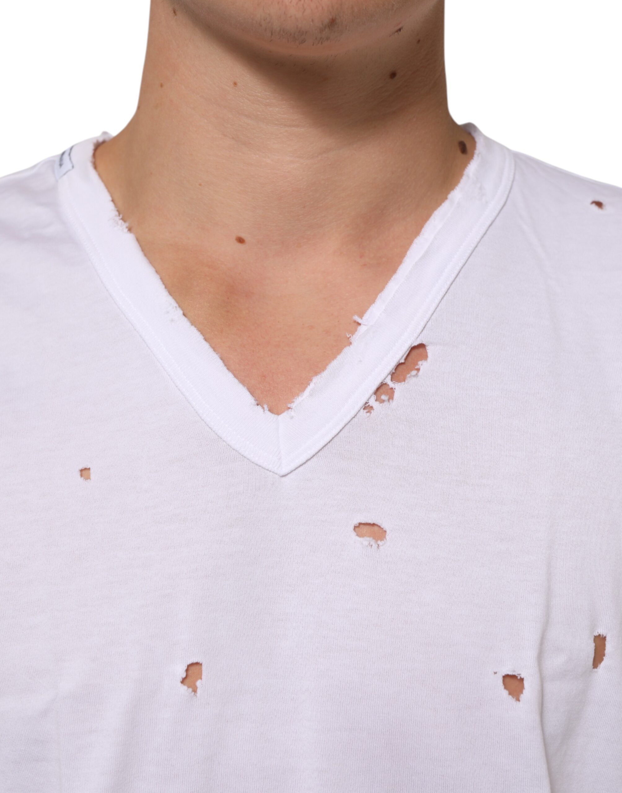 Dolce & Gabbana White Distressed Cotton V Neck Men T-shirt - Image 5