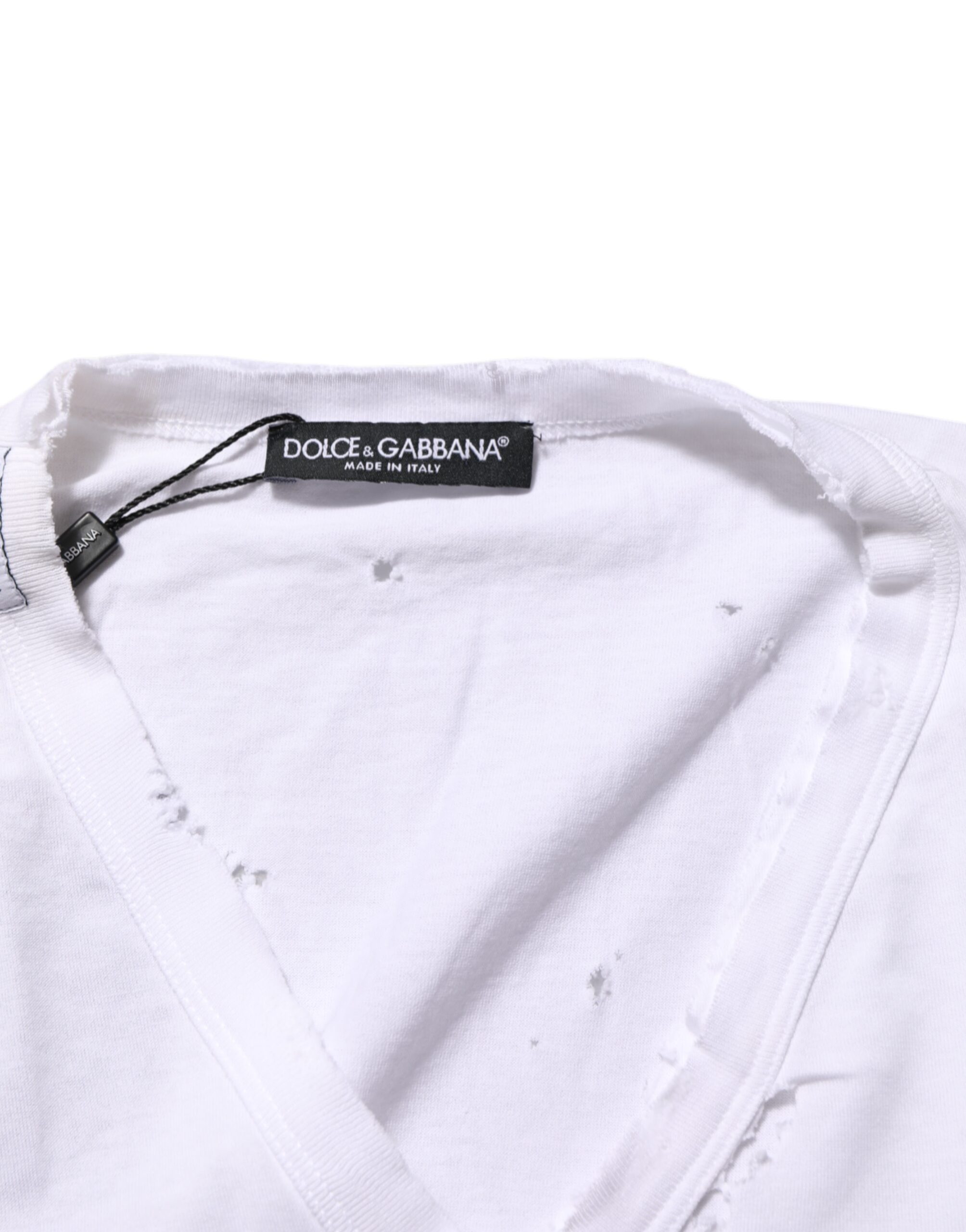 Dolce & Gabbana White Distressed Cotton V Neck Men T-shirt - Image 7