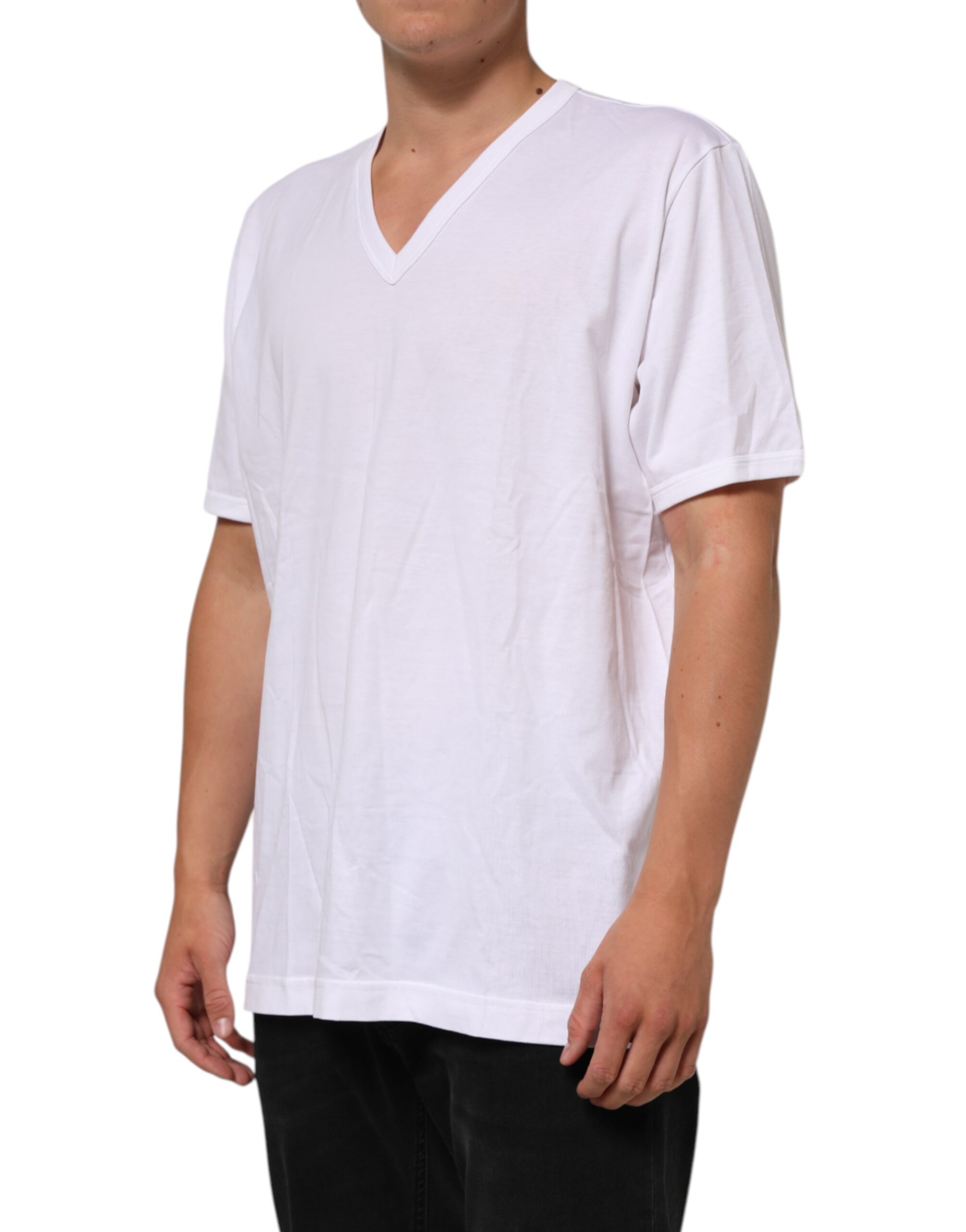 Dolce & Gabbana White Cotton V-Neck Short Sleeves T-shirt - Image 3
