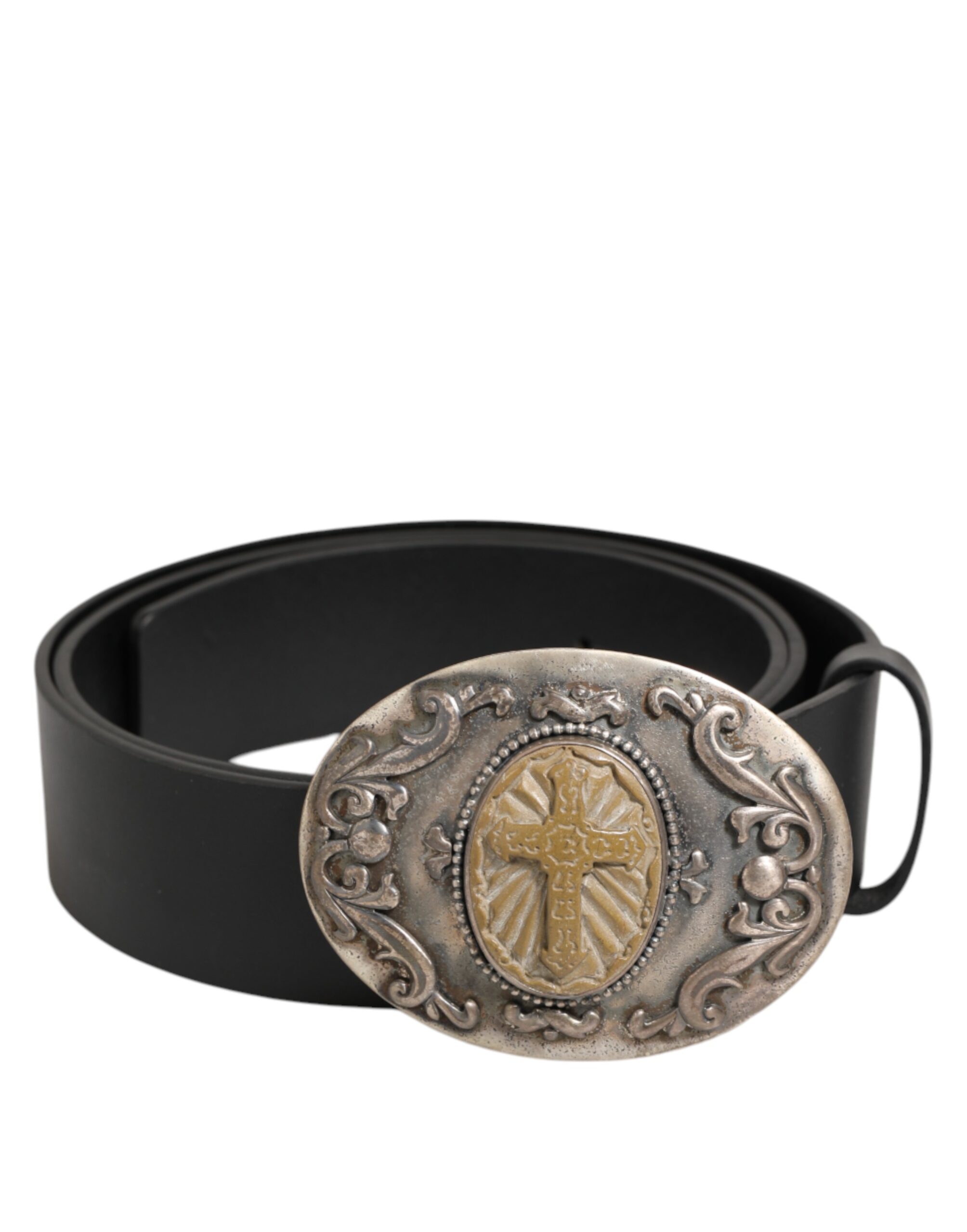 Dolce & Gabbana Black Leather Ornate Metal Buckle Men Belt - Image 2