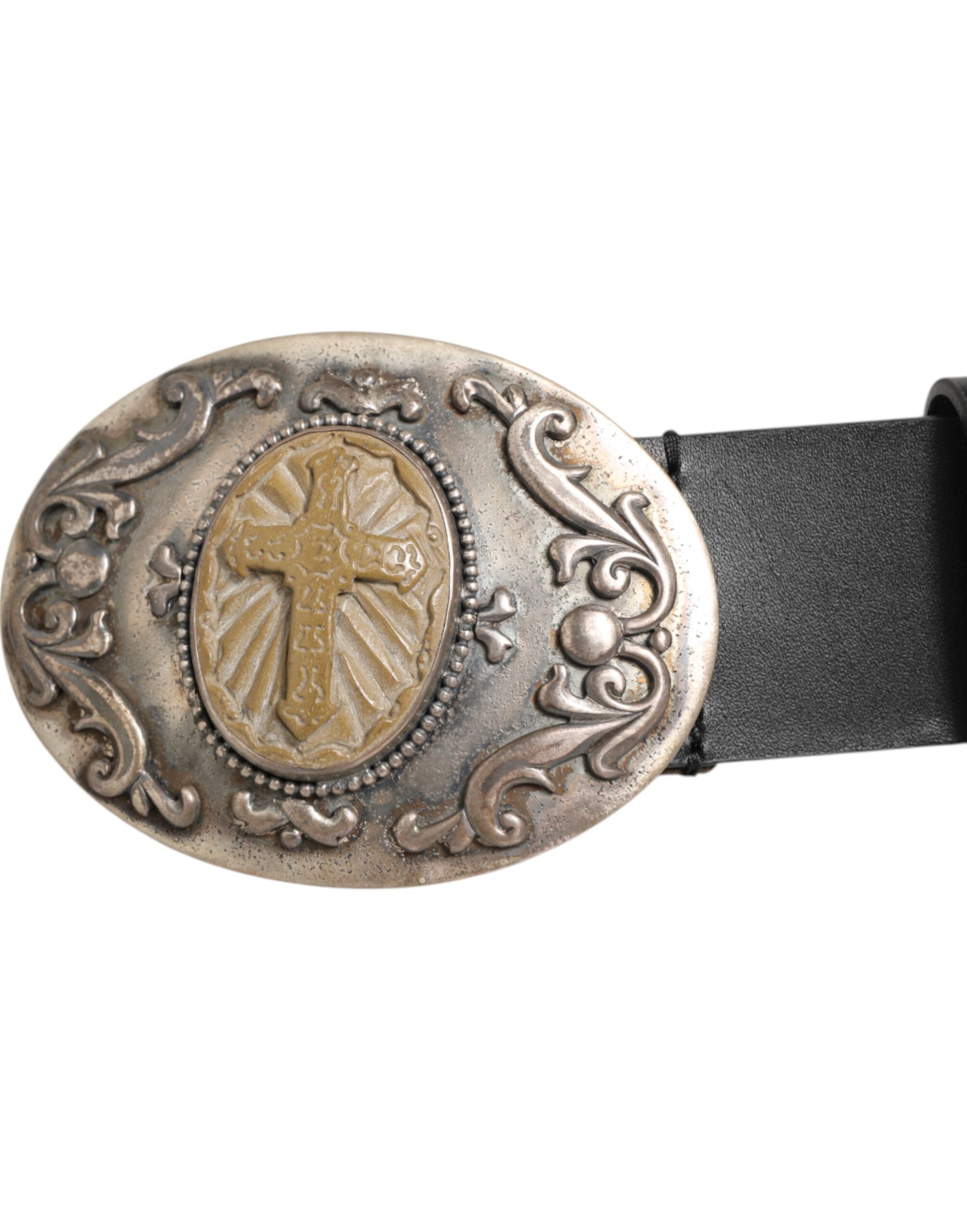 Dolce & Gabbana Black Leather Ornate Metal Buckle Men Belt - Image 3