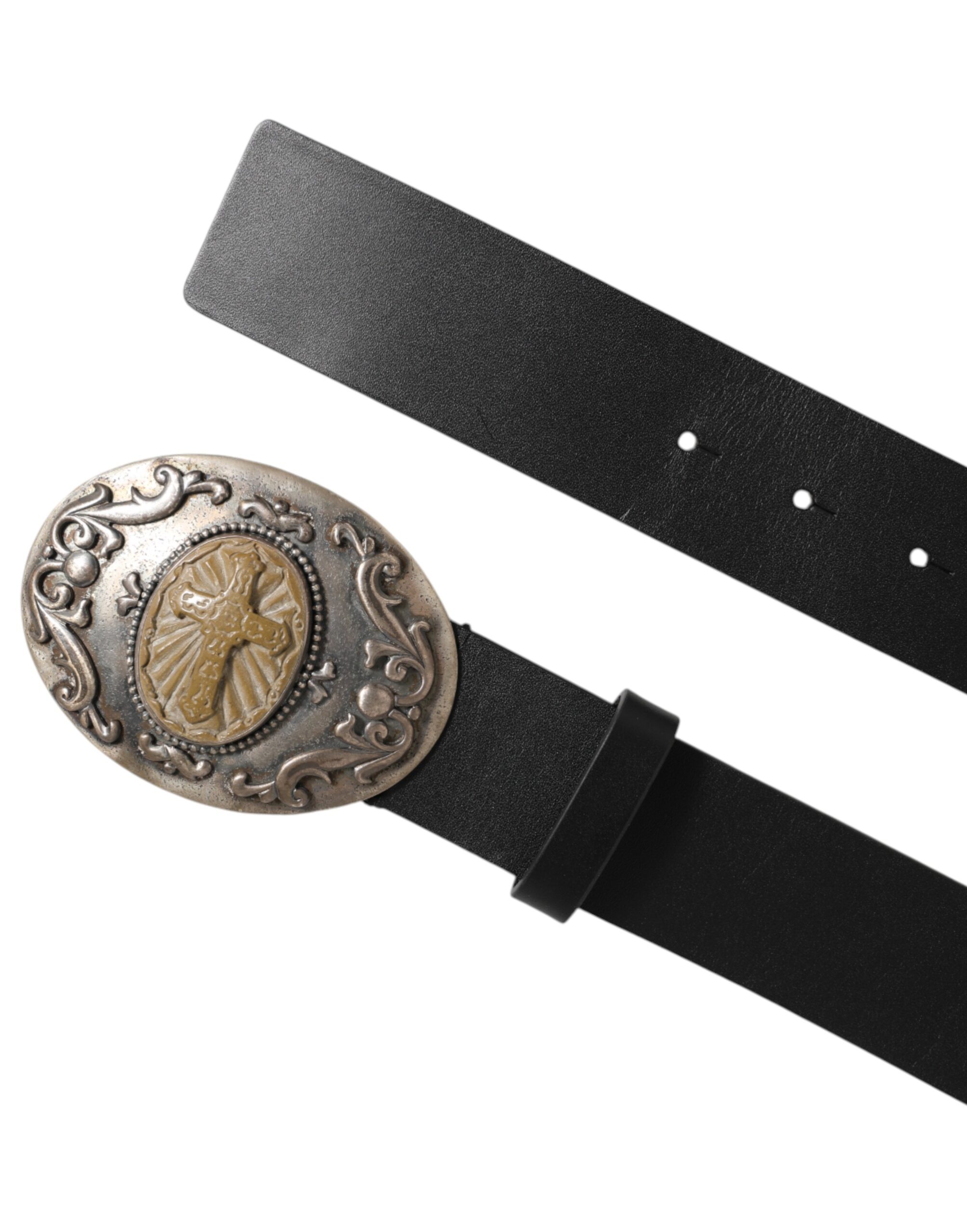 Dolce & Gabbana Black Leather Ornate Metal Buckle Men Belt - Image 4