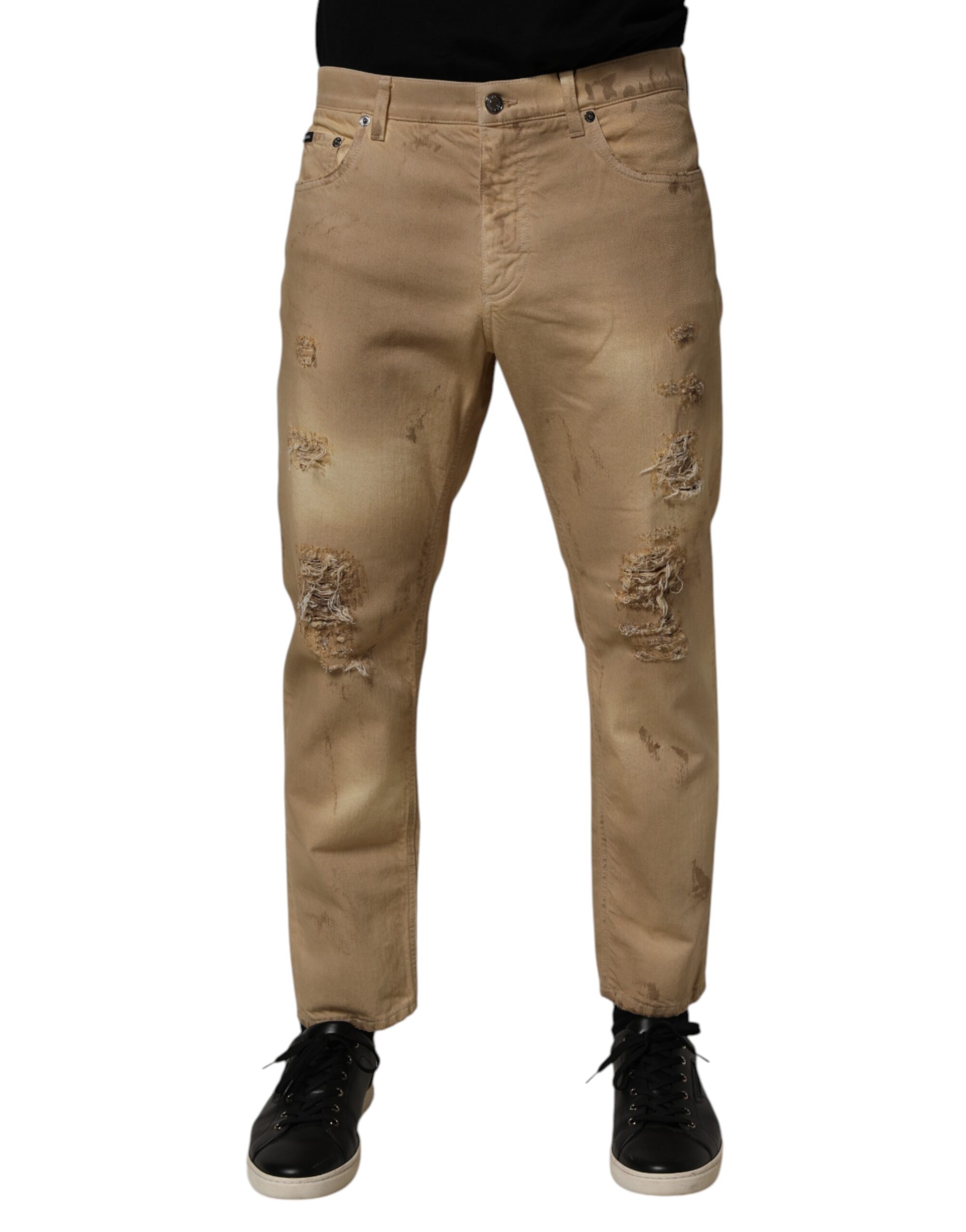 Dolce & Gabbana Beige Cotton Loose Tattered Men Denim Jeans - Image 2