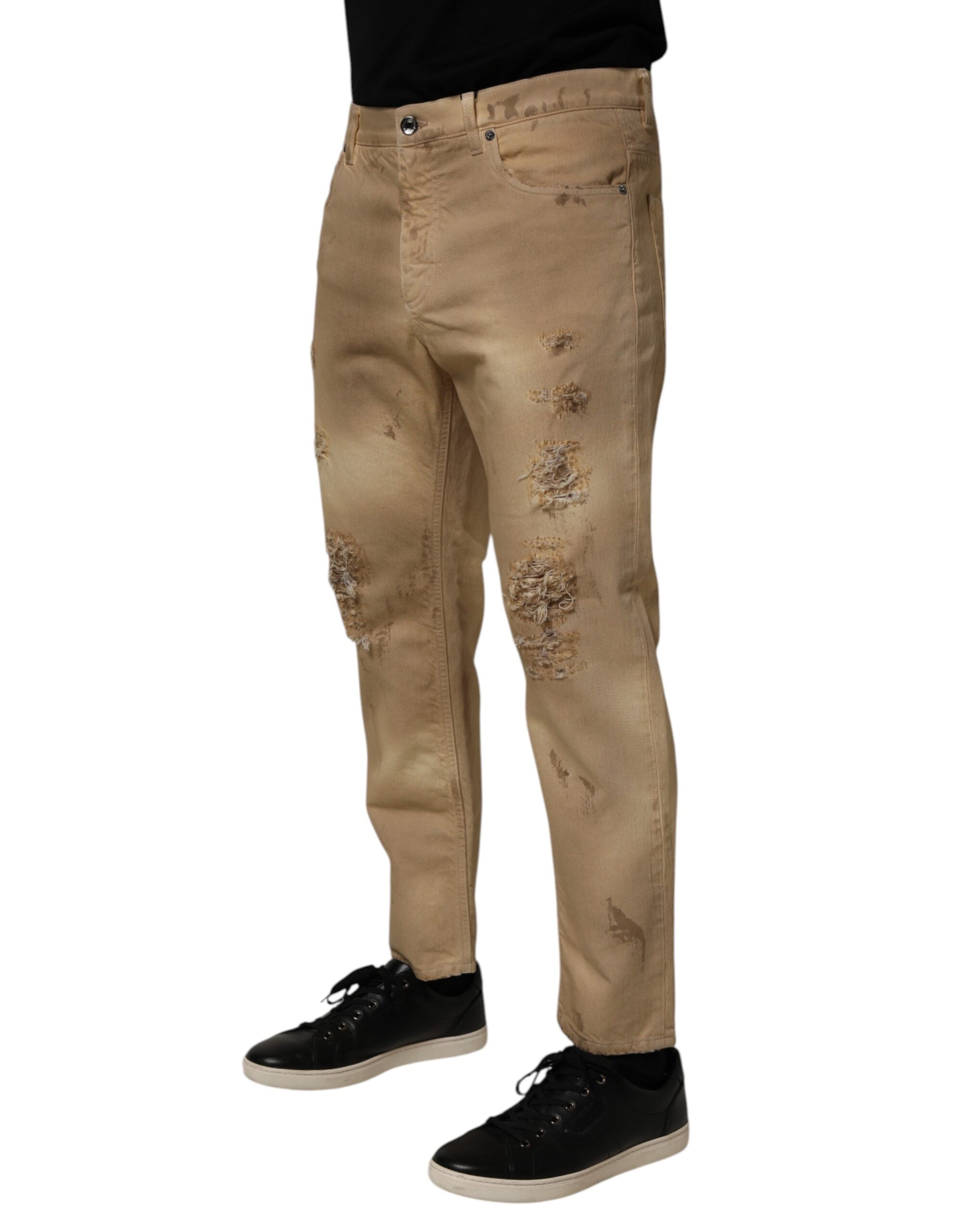Dolce & Gabbana Beige Cotton Loose Tattered Men Denim Jeans - Image 3