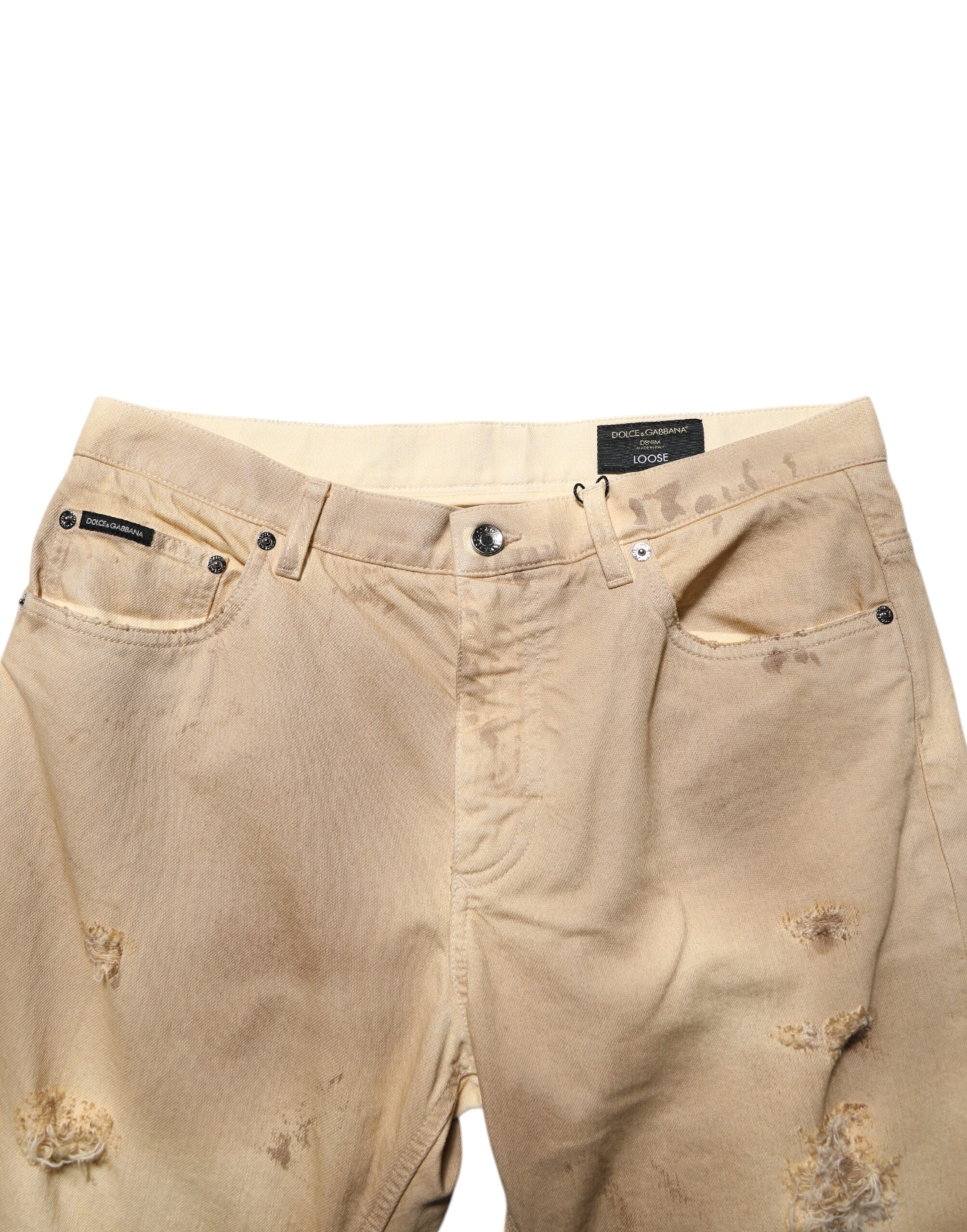 Dolce & Gabbana Beige Cotton Loose Tattered Men Denim Jeans - Image 5