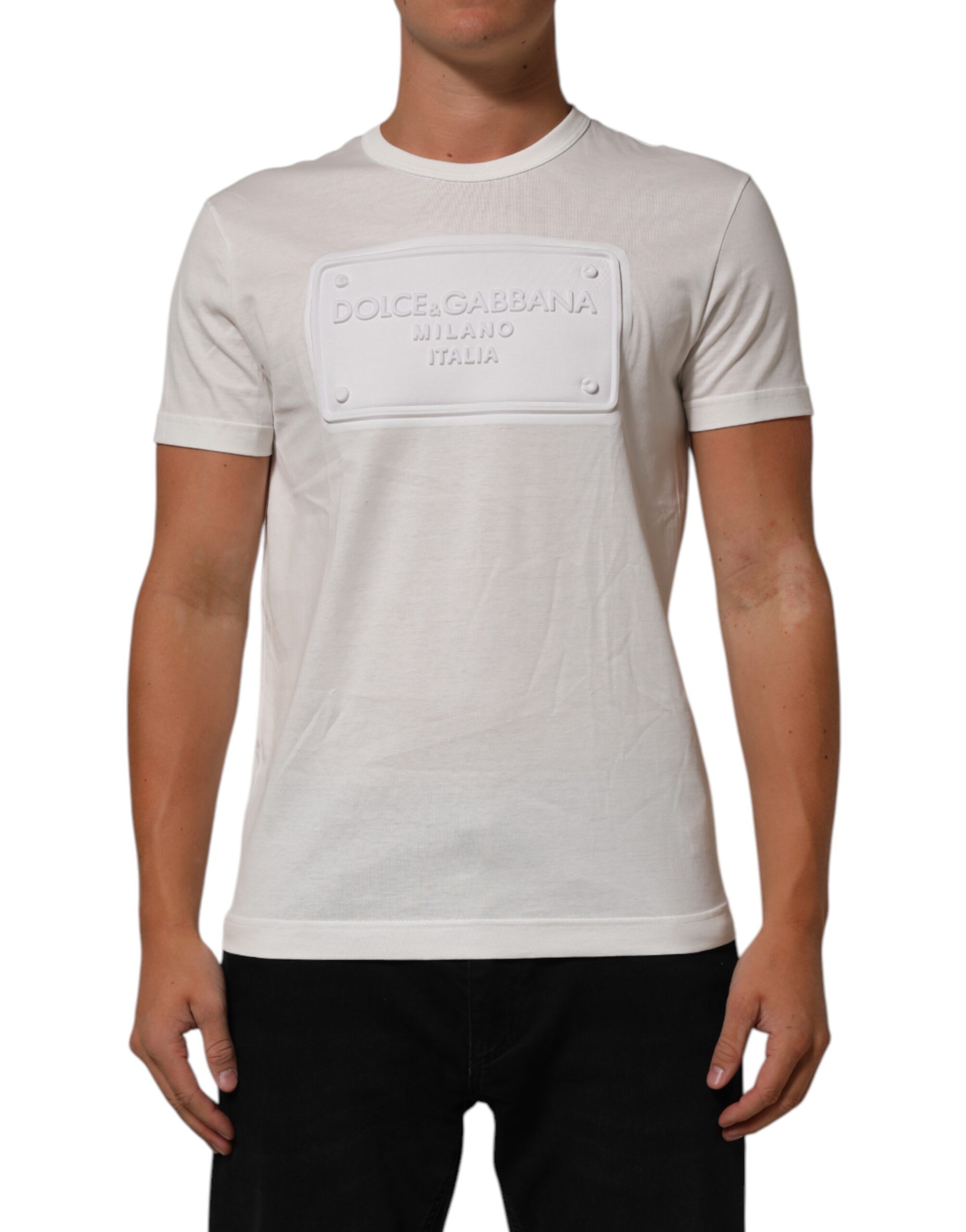 Dolce & Gabbana White Logo Patch Cotton Crew Neck Men T-shirt - Image 2
