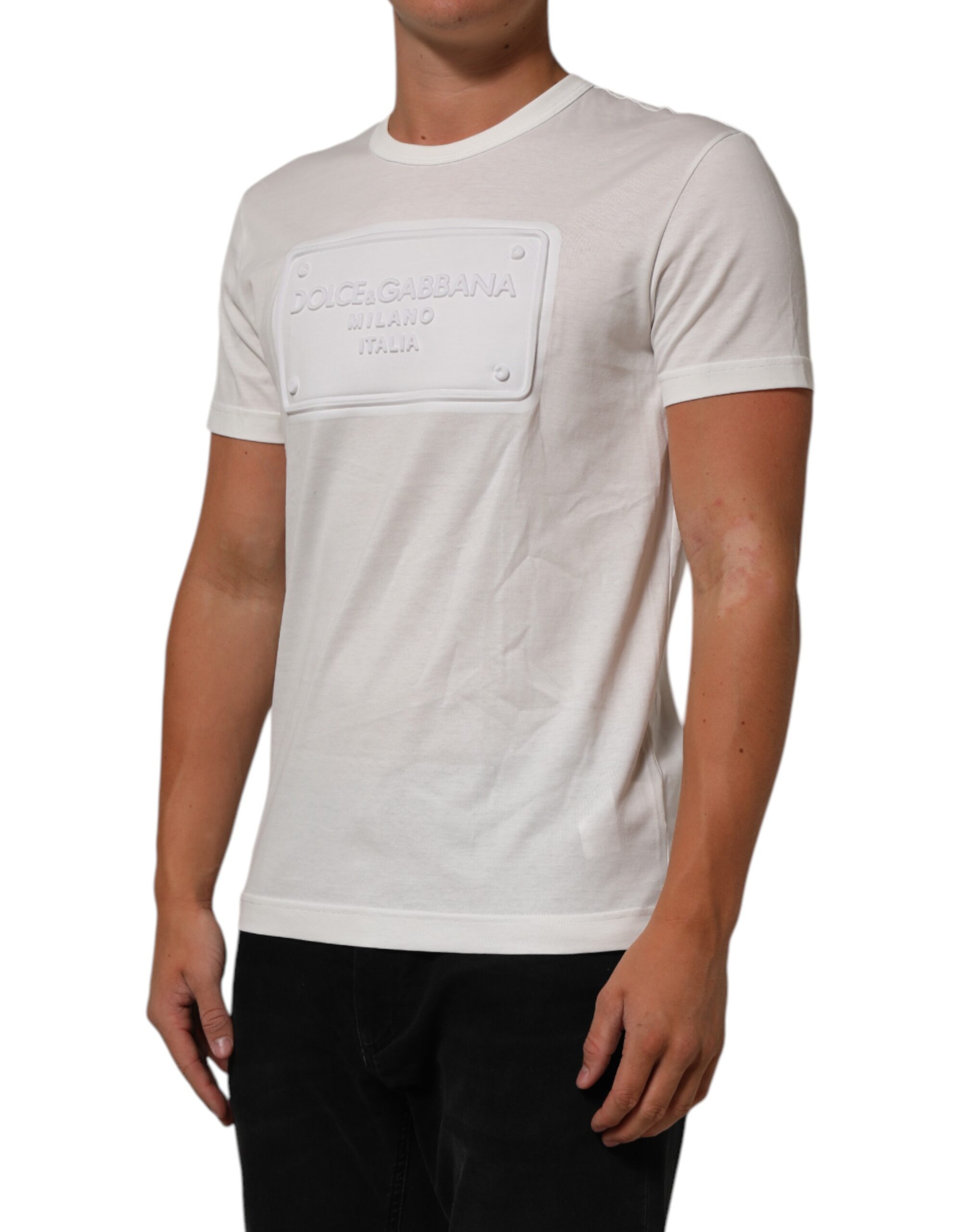 Dolce & Gabbana White Logo Patch Cotton Crew Neck Men T-shirt - Image 3