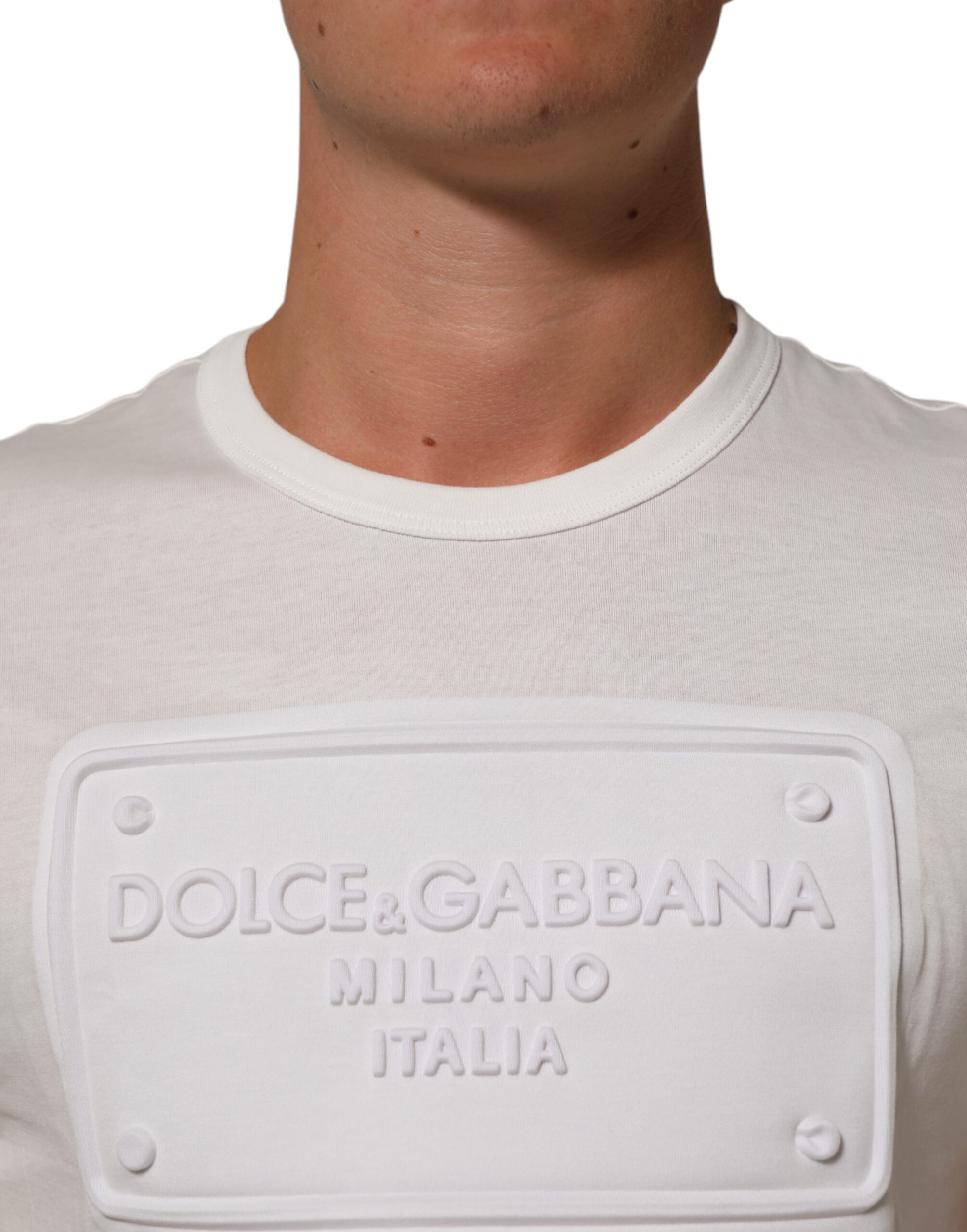Dolce & Gabbana White Logo Patch Cotton Crew Neck Men T-shirt - Image 5