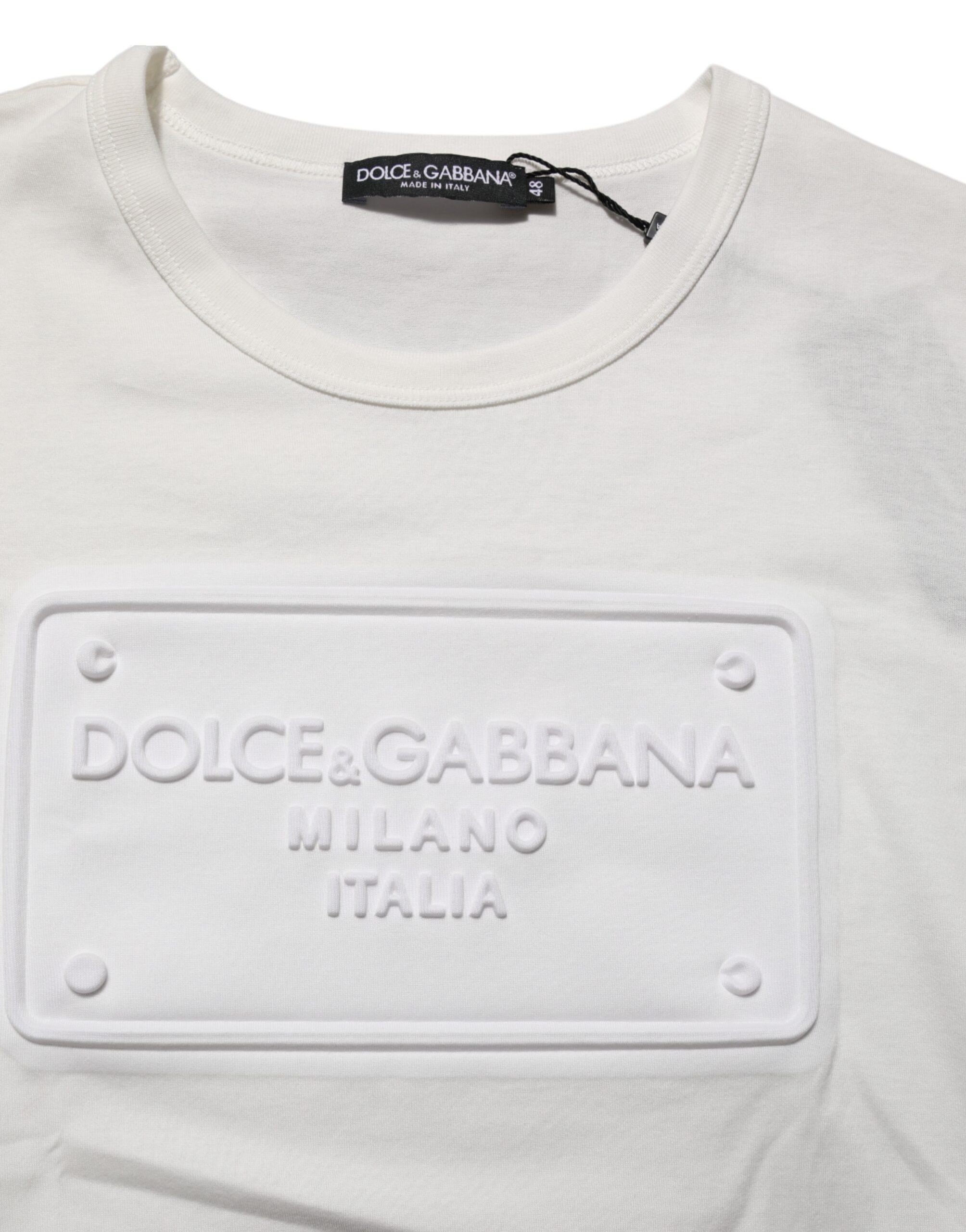 Dolce & Gabbana White Logo Patch Cotton Crew Neck Men T-shirt - Image 8
