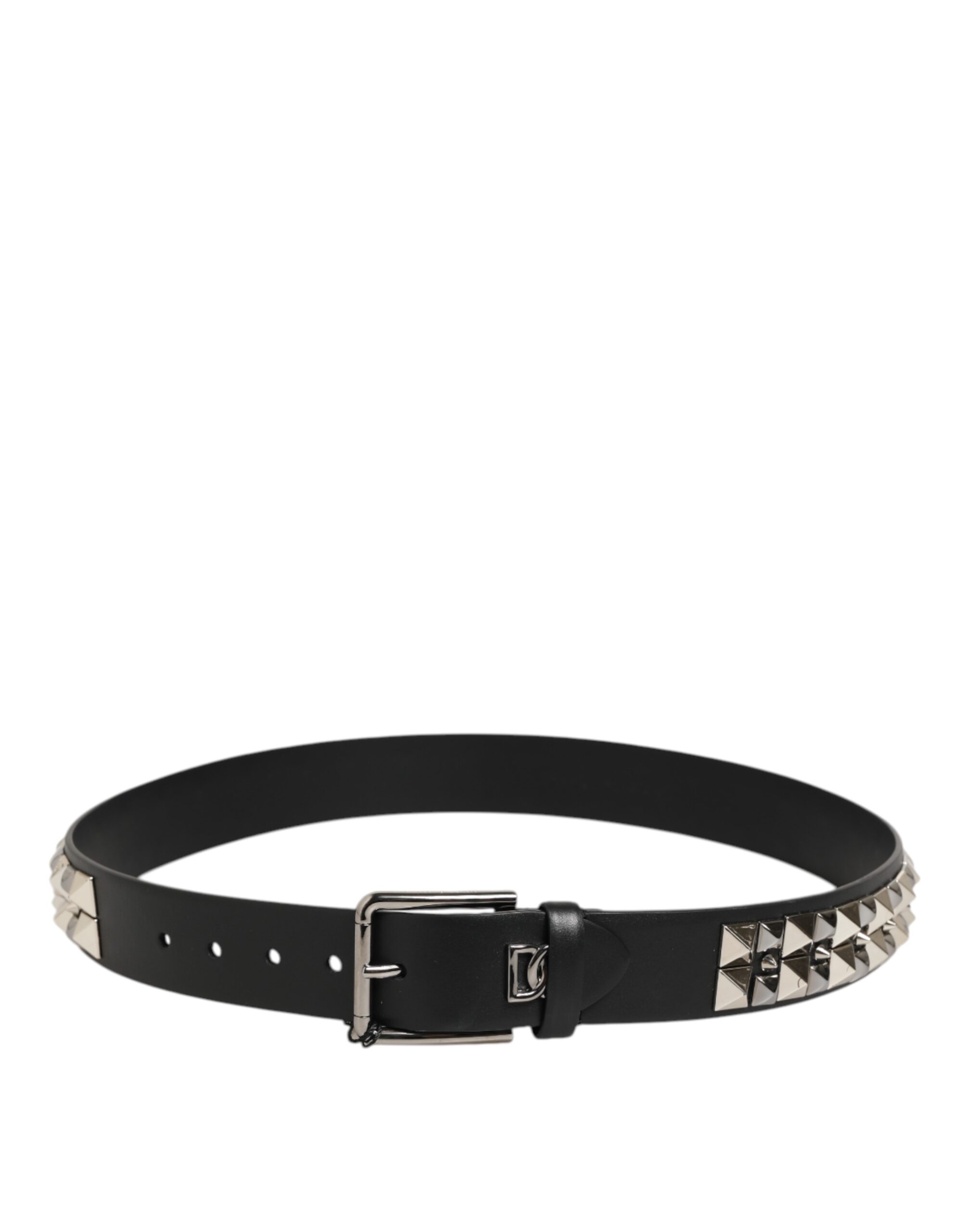 Dolce & Gabbana Black Calf Leather Studded Silver Buckle Belt - Image 6