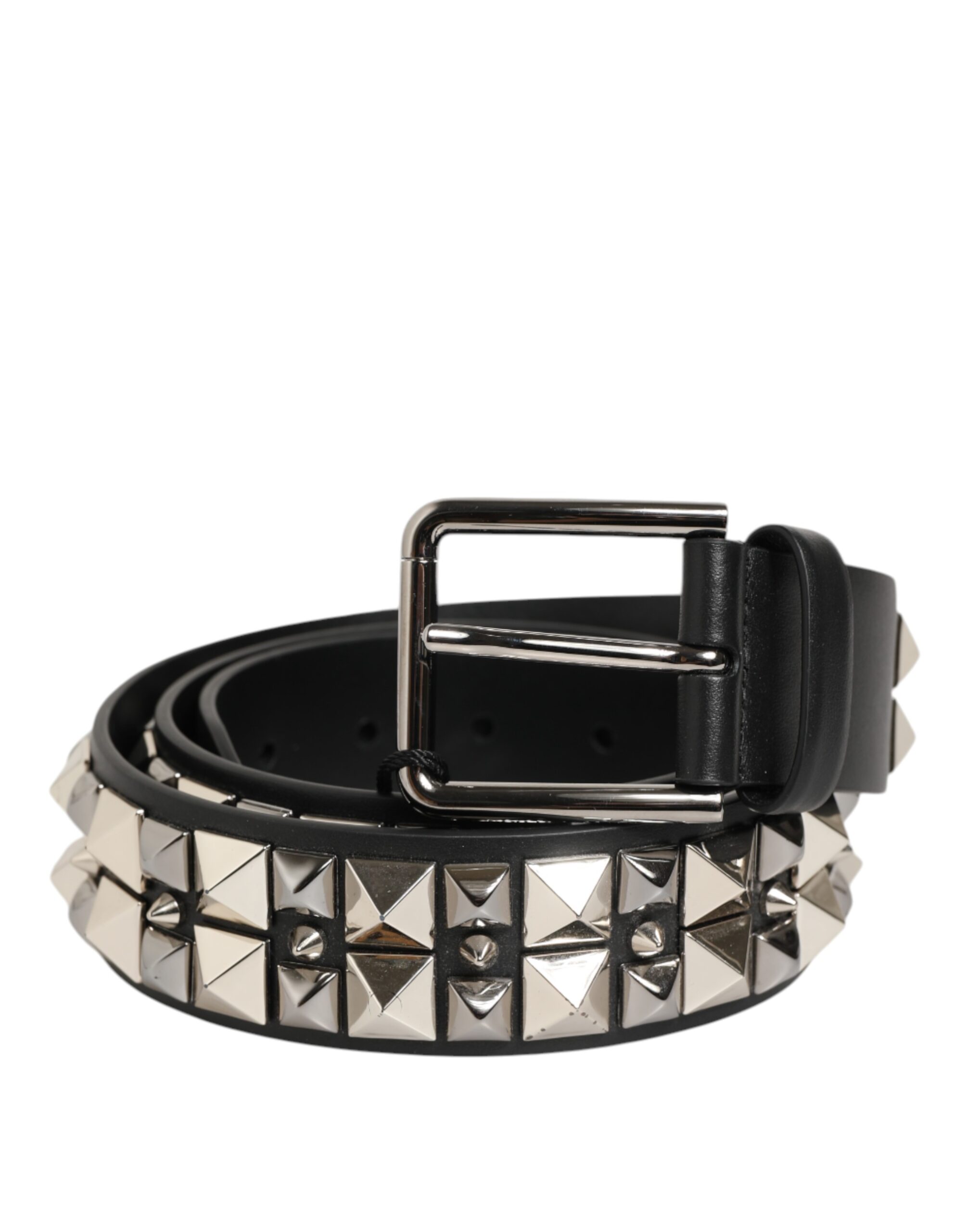 Dolce & Gabbana Black Calf Leather Studded Silver Buckle Belt - Image 2