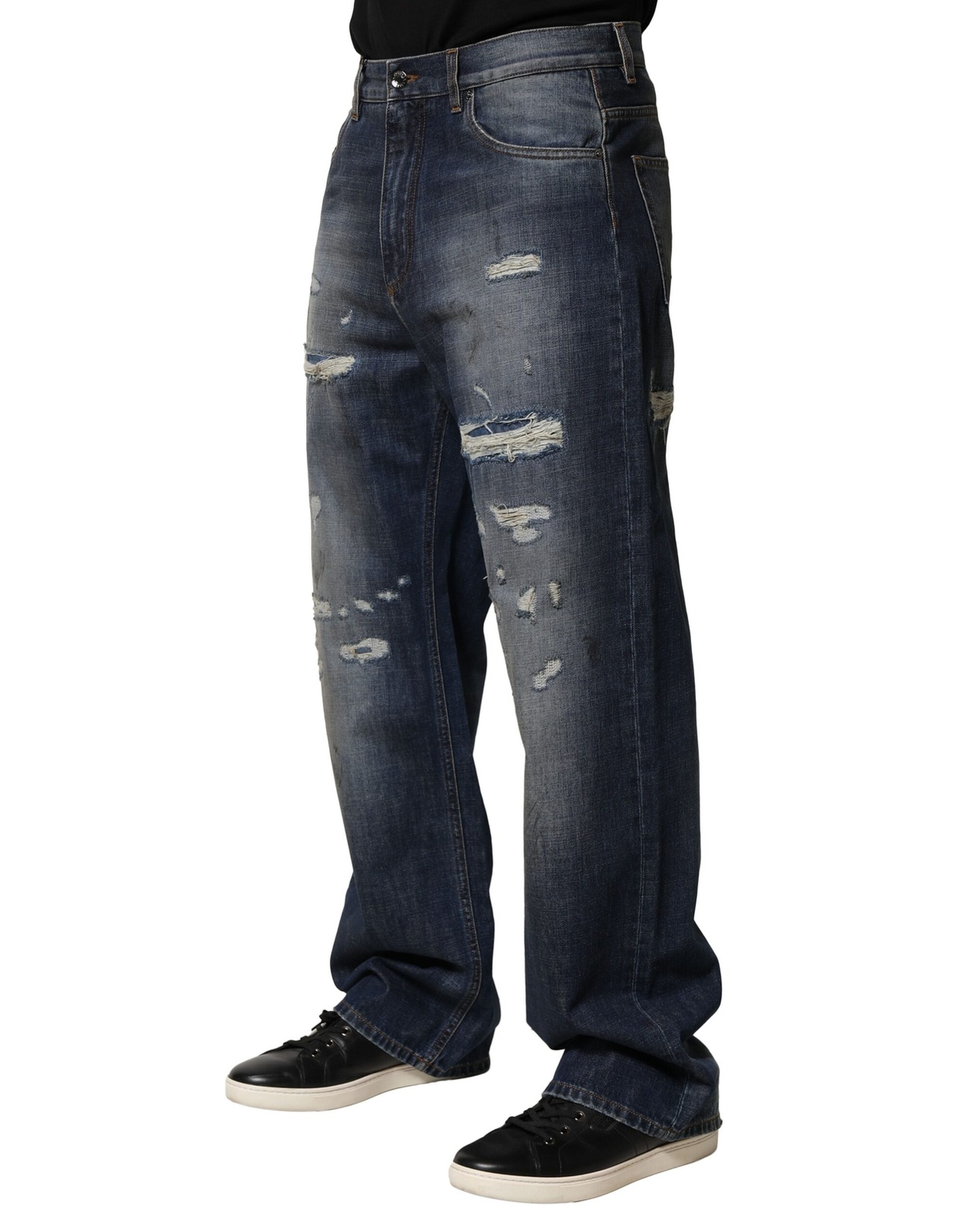 Dolce & Gabbana Blue Tattered Cotton Straight Men Denim Jeans - Image 3