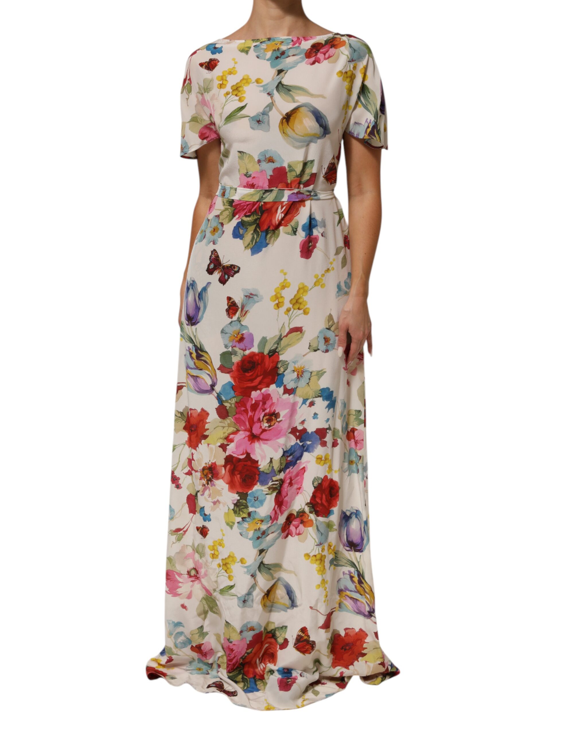 Dolce & Gabbana White Floral Print Silk Sheath LongGown Dress - Image 2
