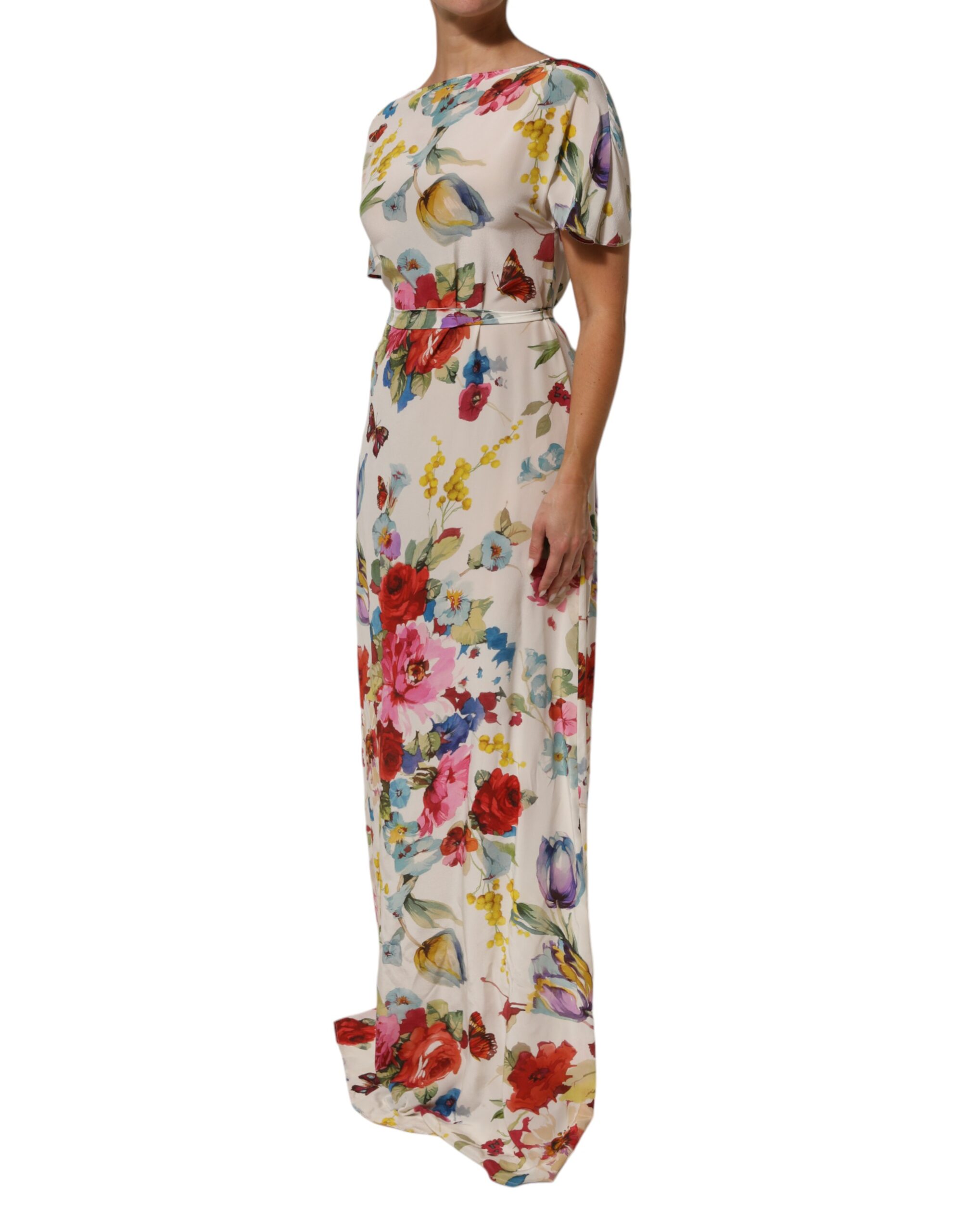 Dolce & Gabbana White Floral Print Silk Sheath LongGown Dress - Image 3