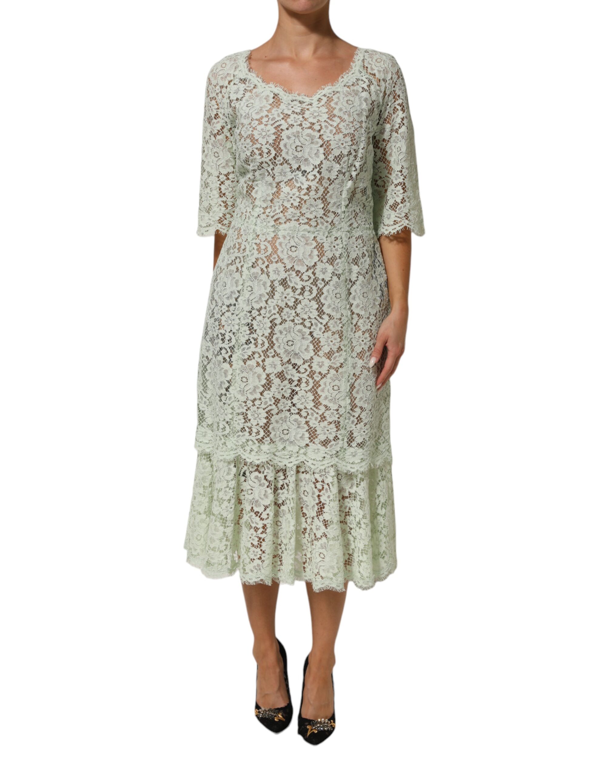 Dolce & Gabbana Mint Green Floral Lace Trim Midi Dress - Image 2