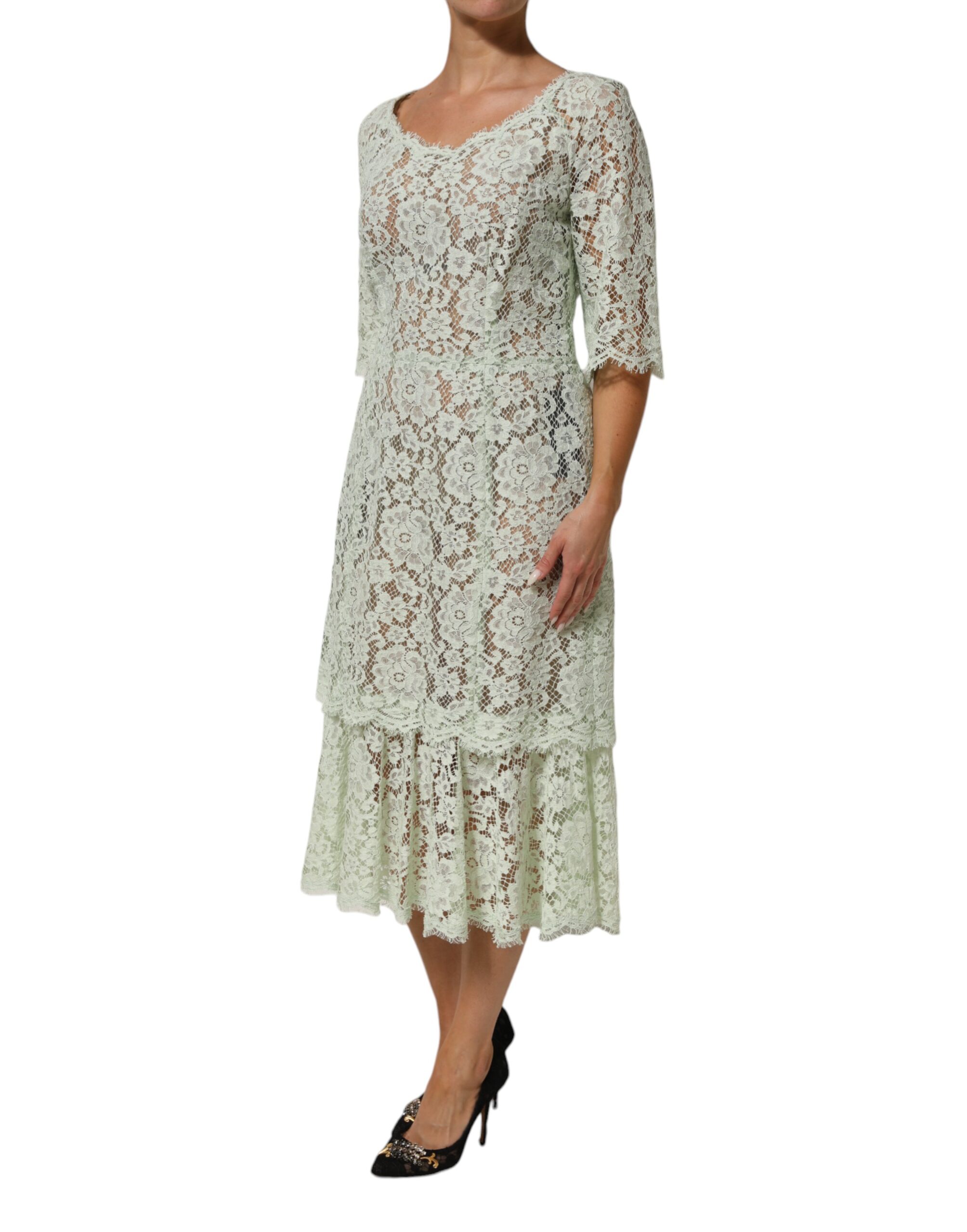 Dolce & Gabbana Mint Green Floral Lace Trim Midi Dress - Image 3