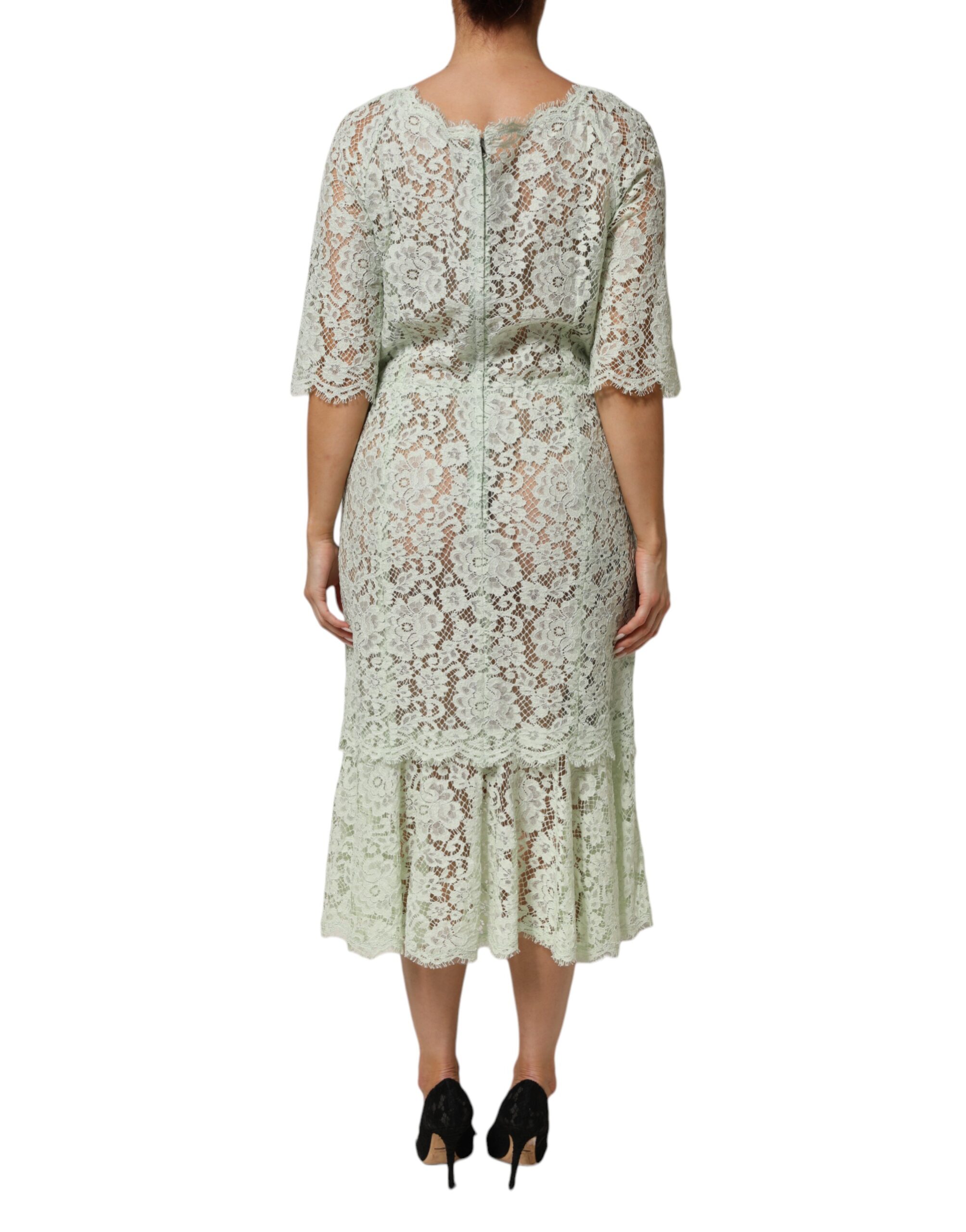 Dolce & Gabbana Mint Green Floral Lace Trim Midi Dress - Image 4
