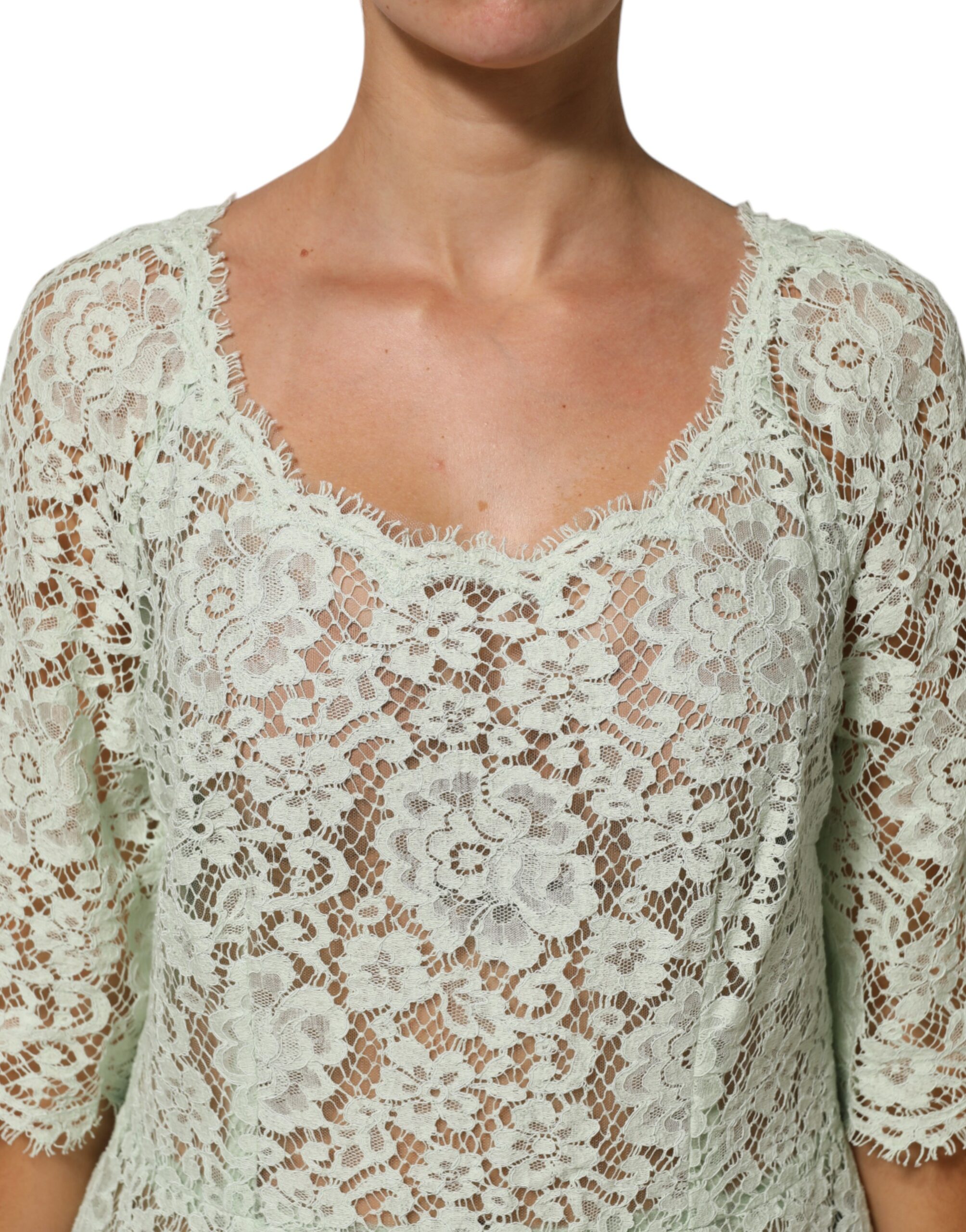Dolce & Gabbana Mint Green Floral Lace Trim Midi Dress - Image 5
